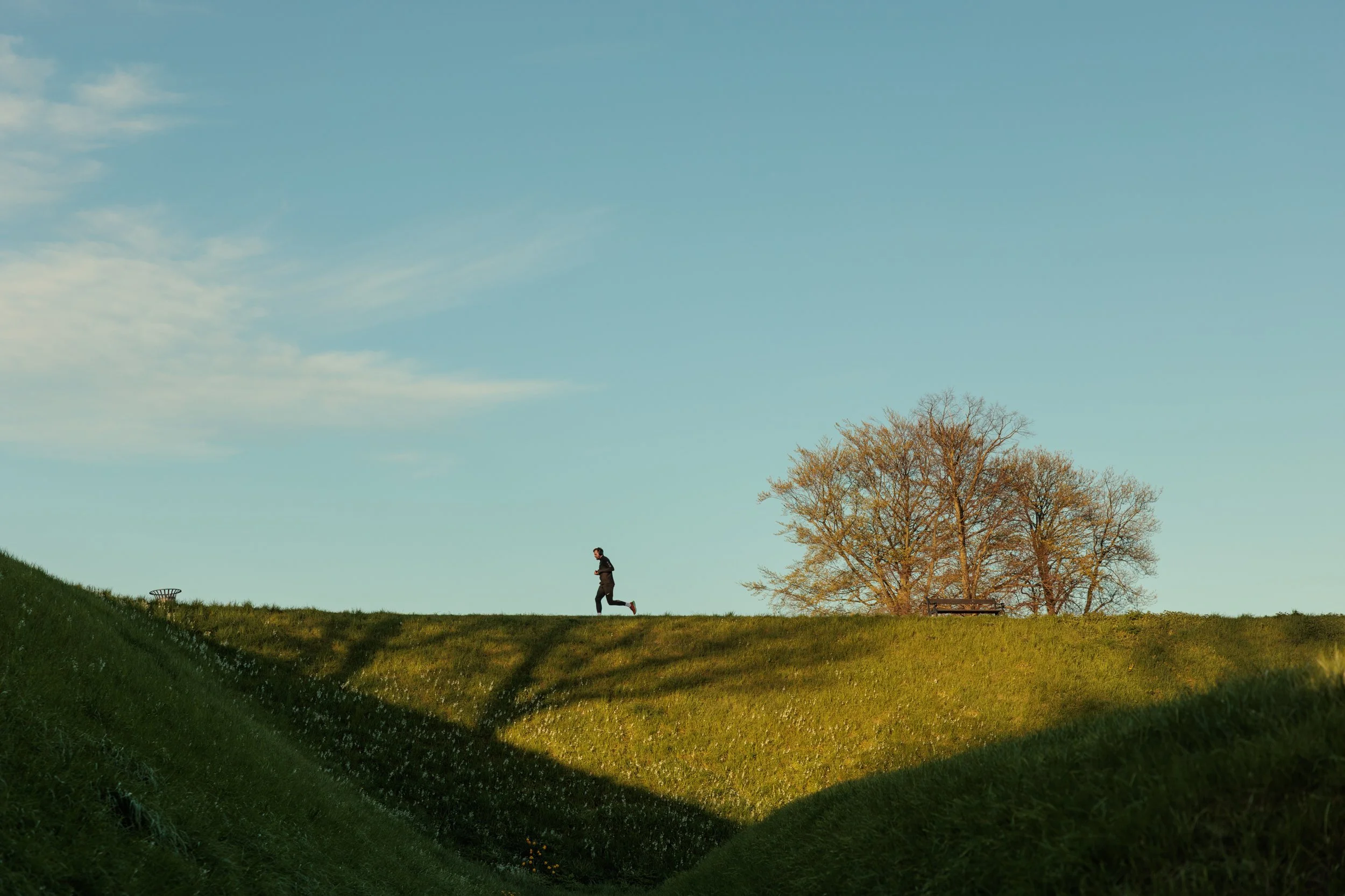 A person jogging on a grassy hill in a park with a large leafless tree and a park bench in the background, under a partly cloudy sky.