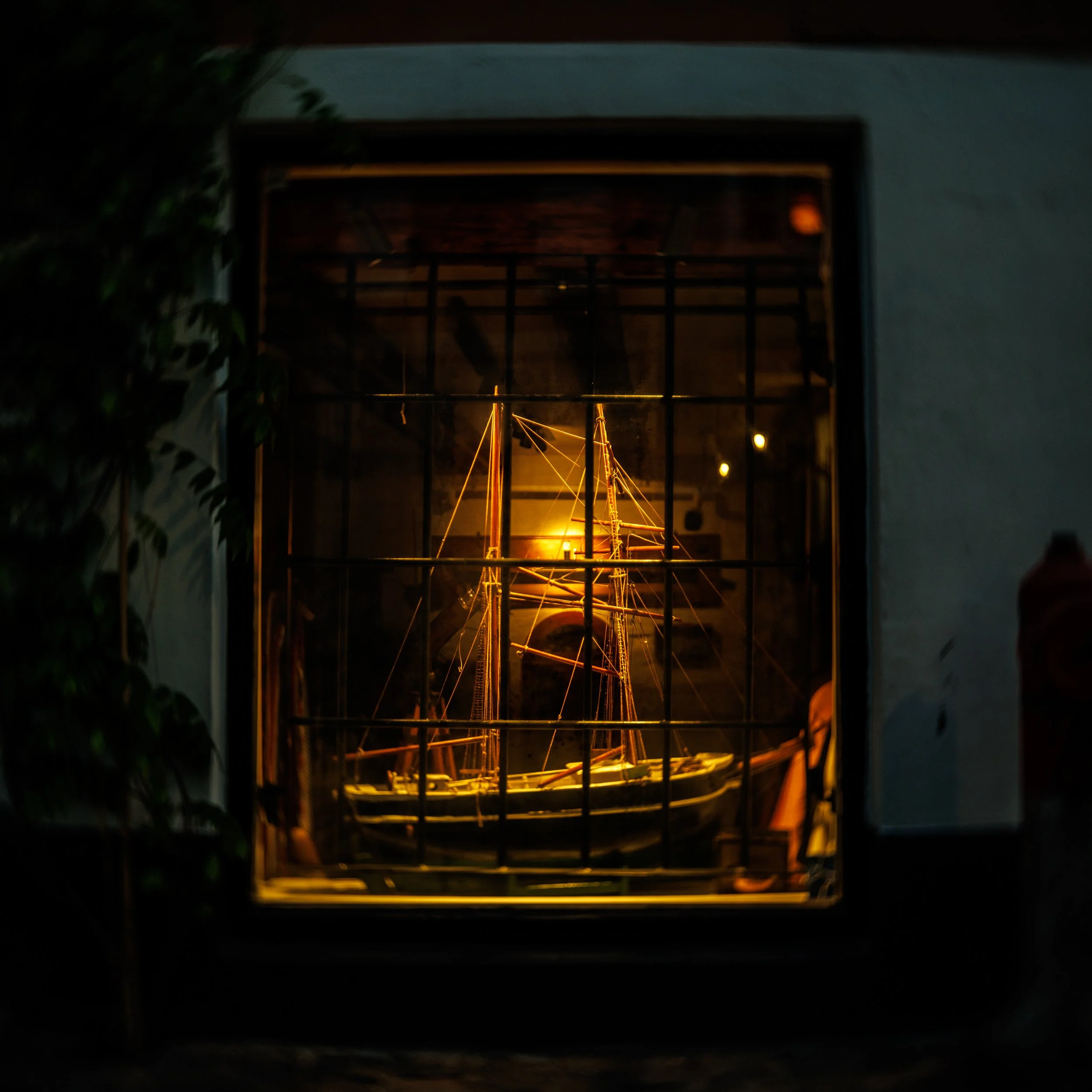 View through a window at night showing a mirrored reflection of a lamppost and a ship's rigging outside.