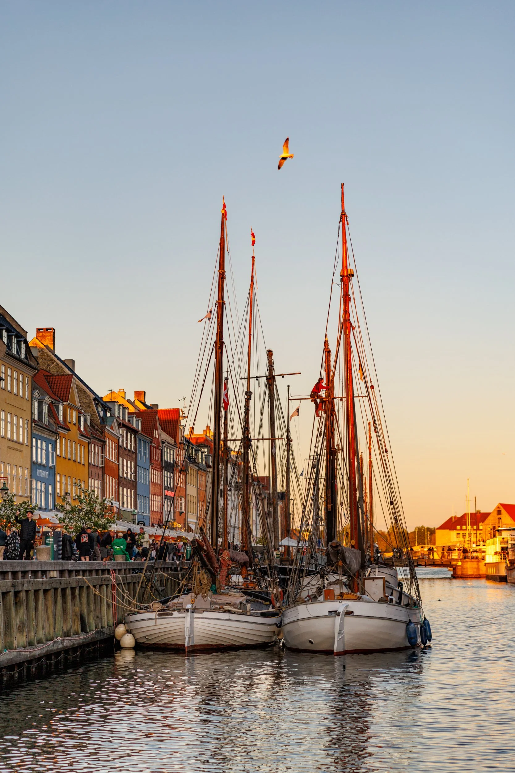 Colorful row of buildings lining a waterfront with sailboats docked along the quay during sunset.
