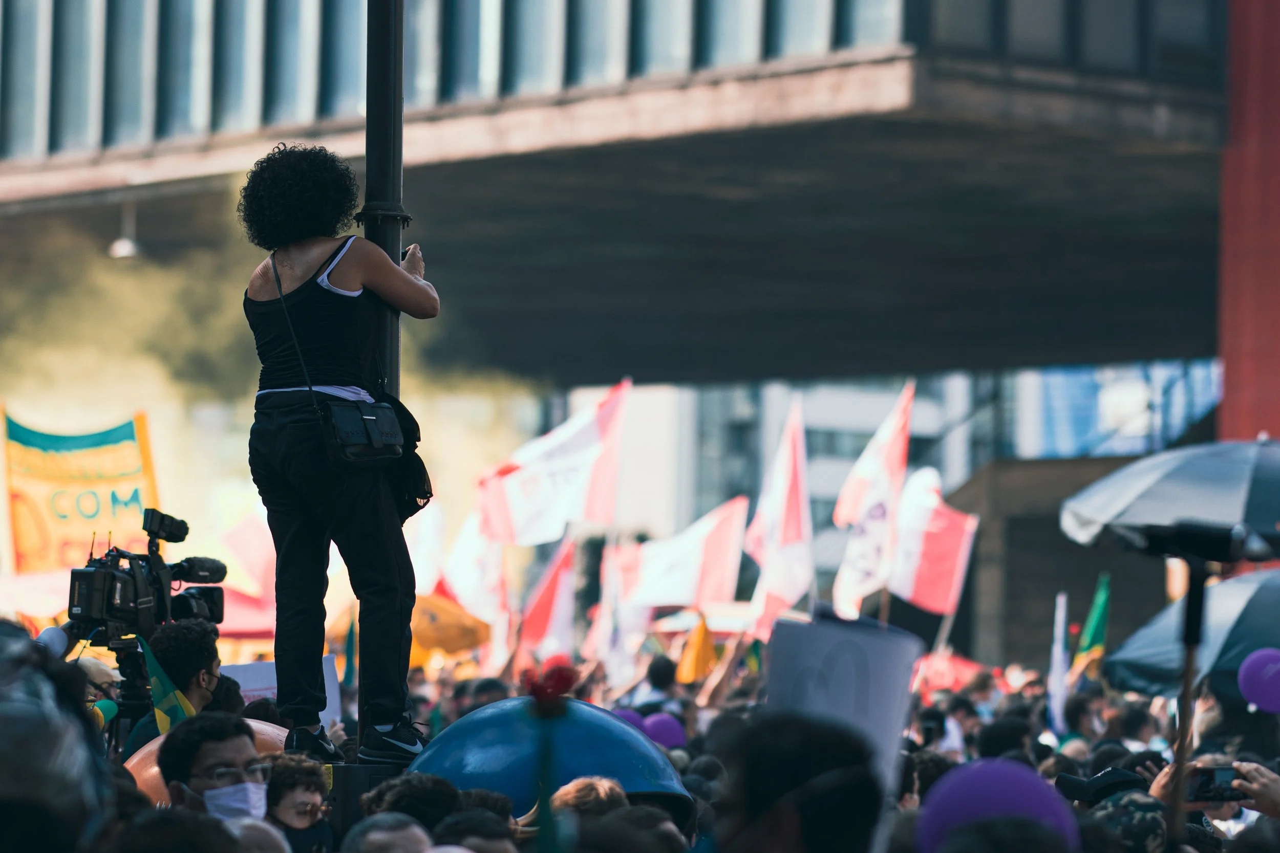 A person with curly black hair standing on a platform holding a microphone, addressing a crowd at a rally or protest with numerous flags and banners.