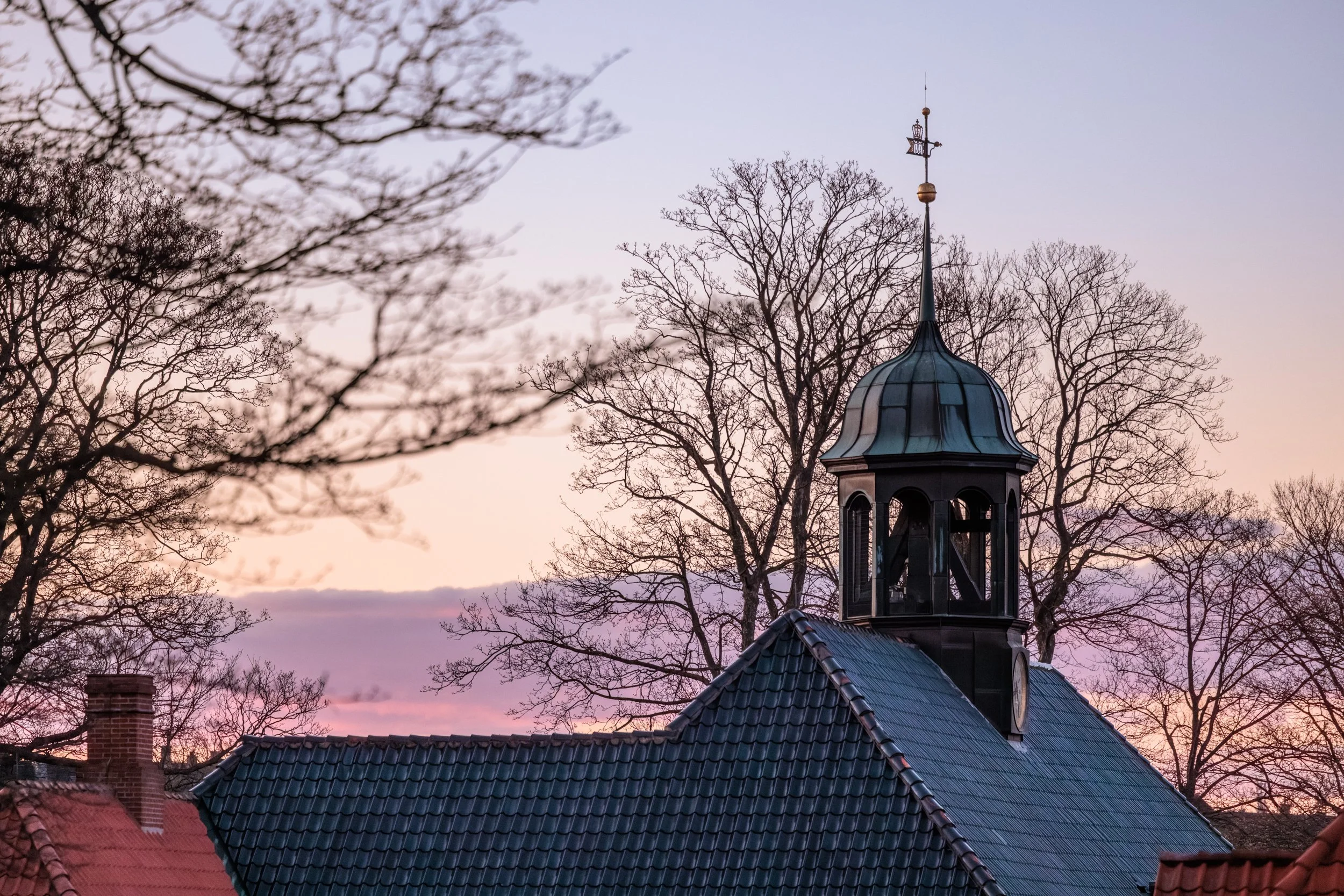 Sky at dusk with a pink and purple hue, visible tree branches without leaves, and a small building with a dark blue tiled roof and a steeple with a weather vane on top of it.