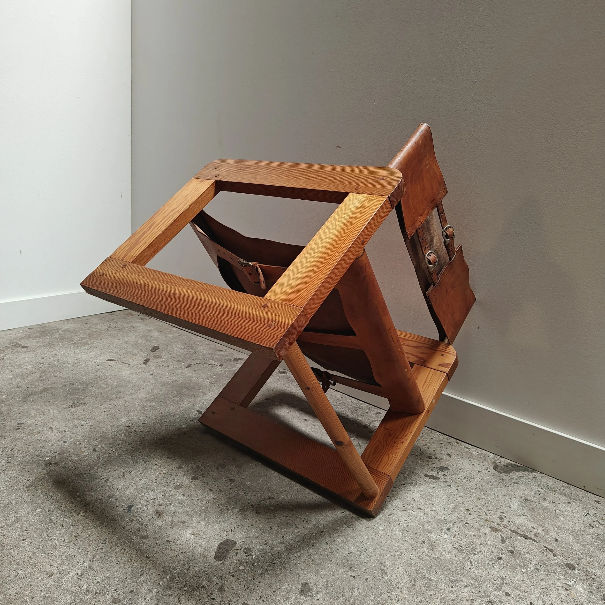 Pine and cognac leather carpenter made armchair 1970s 5.jpg