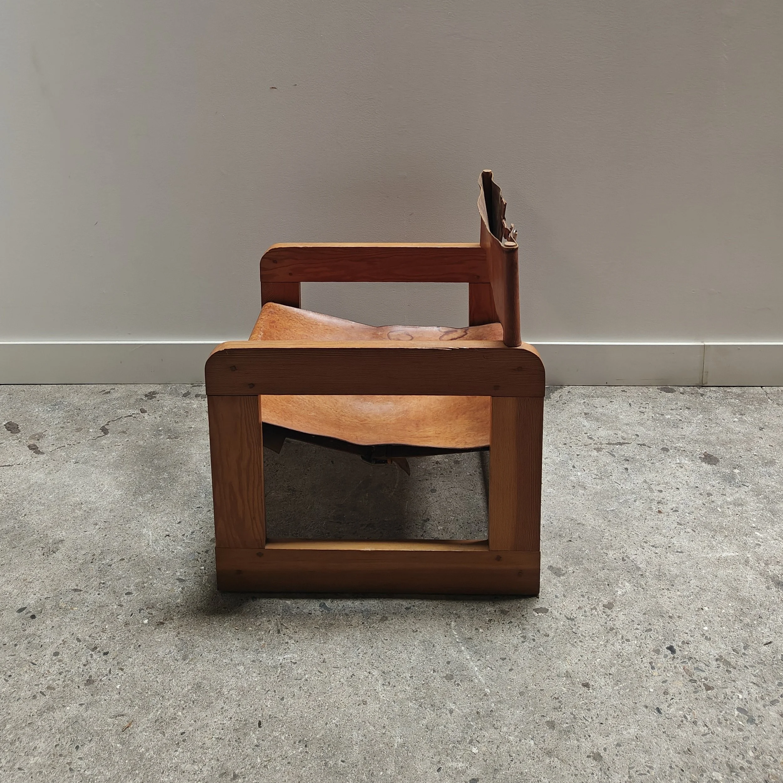 Pine and cognac leather carpenter made armchair 1970s 2.jpg