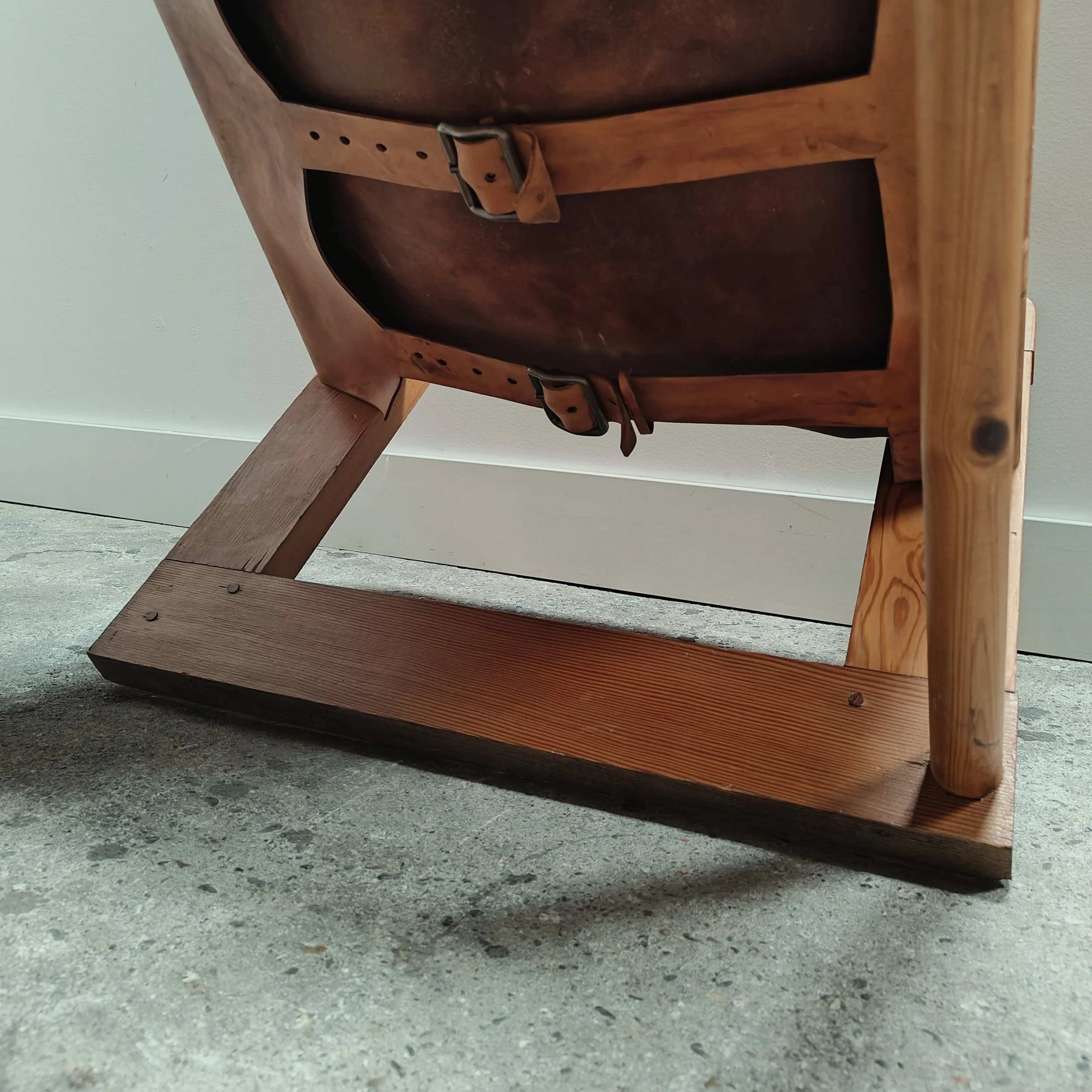 Pine and cognac leather carpenter made armchair 1970s 6.jpg