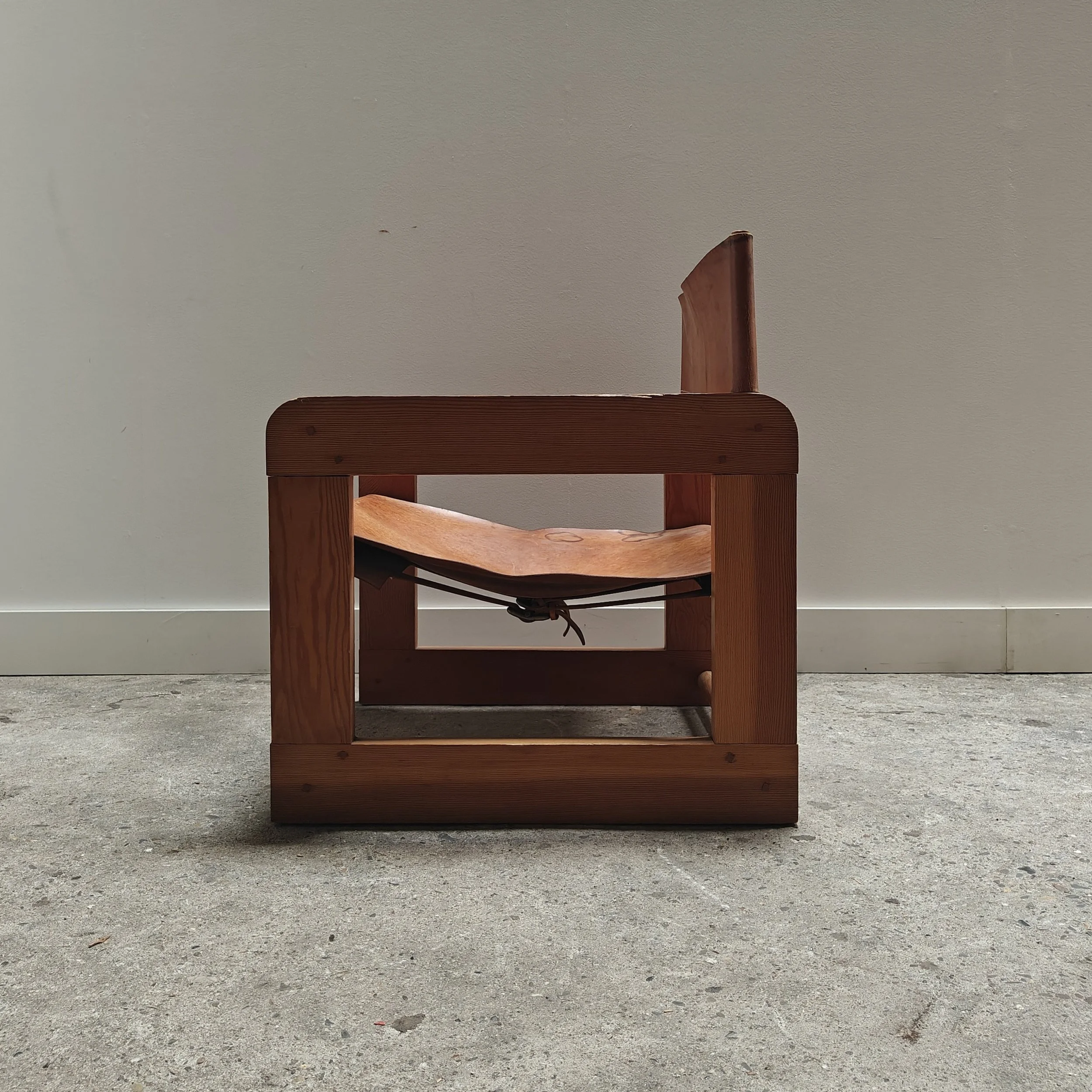 Pine and cognac leather carpenter made armchair 1970s 8.jpg