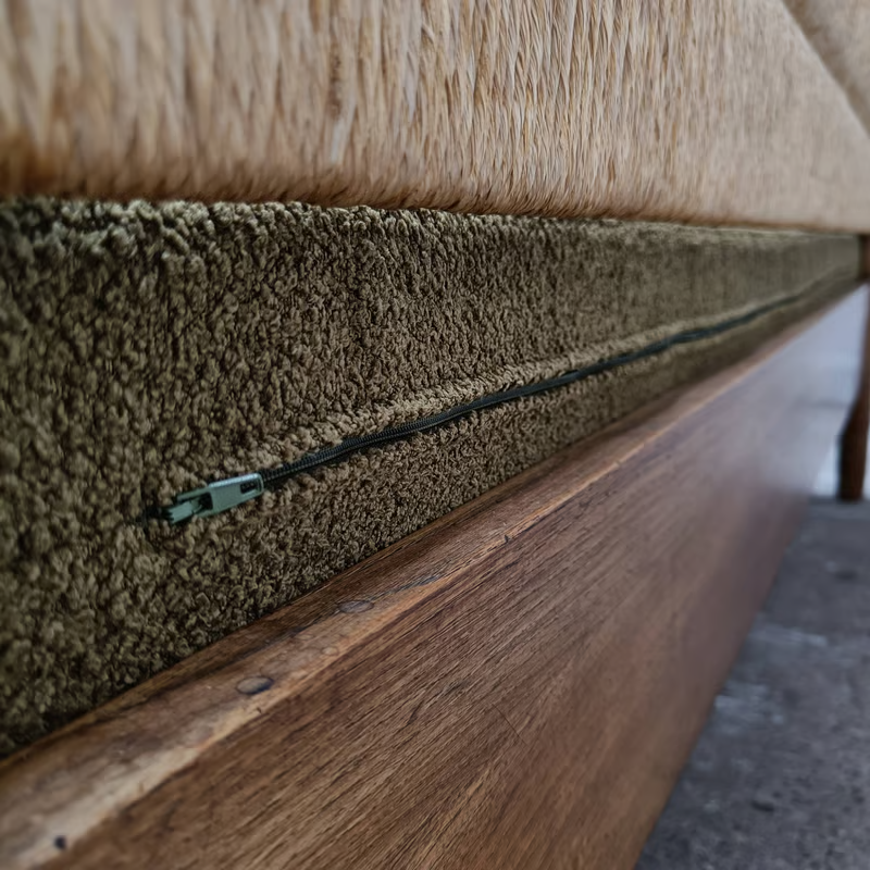 French 1950's rush sofa in olive green upholstery reminiscent to Charlotte Perriand 9.png