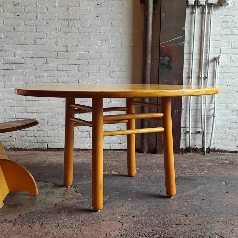 Round 1980s birch dining table