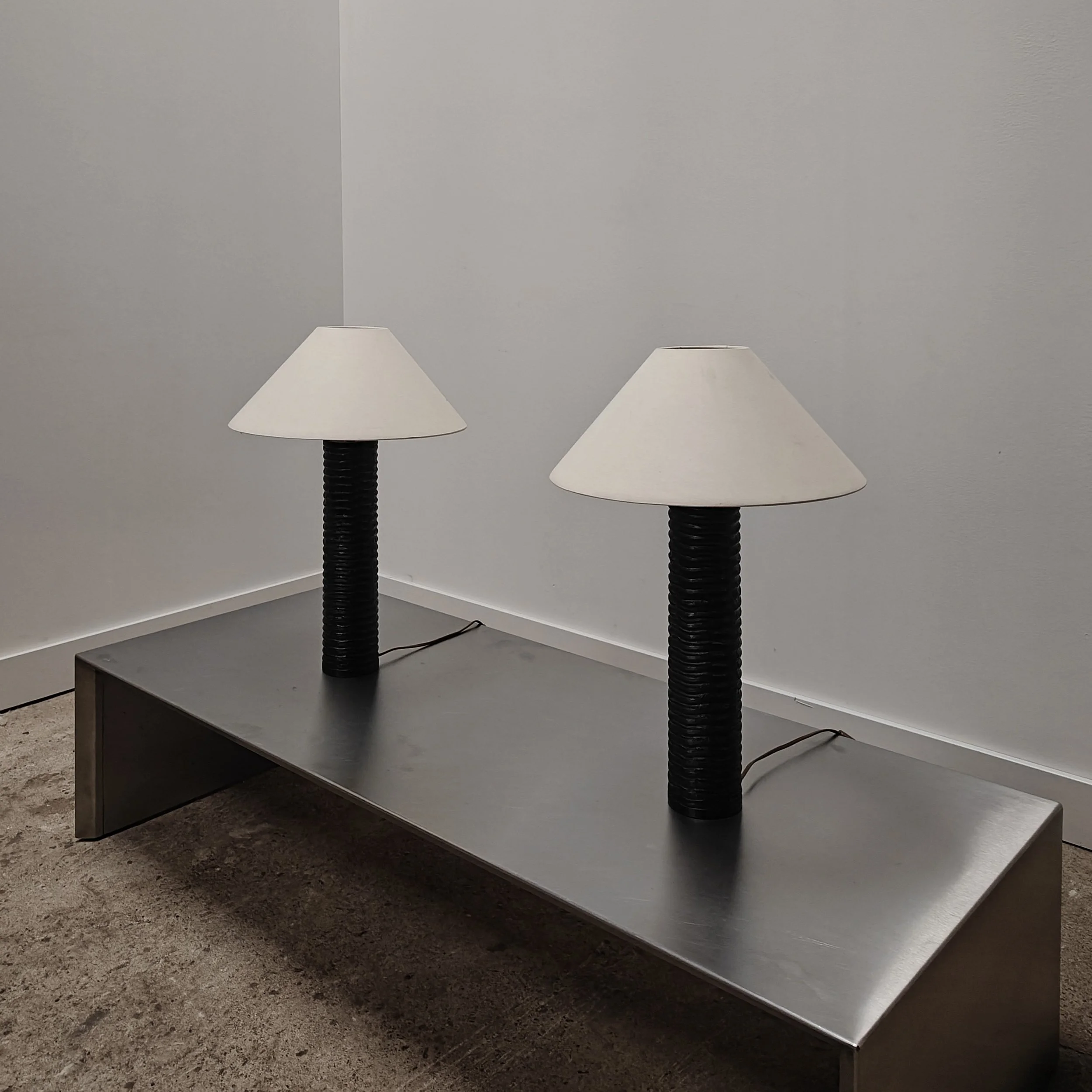 Set of two sculptural wooden lamps