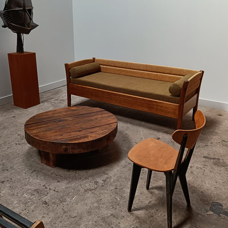 French 1950's rush sofa in olive green upholstery reminiscent to Charlotte Perriand 5.png