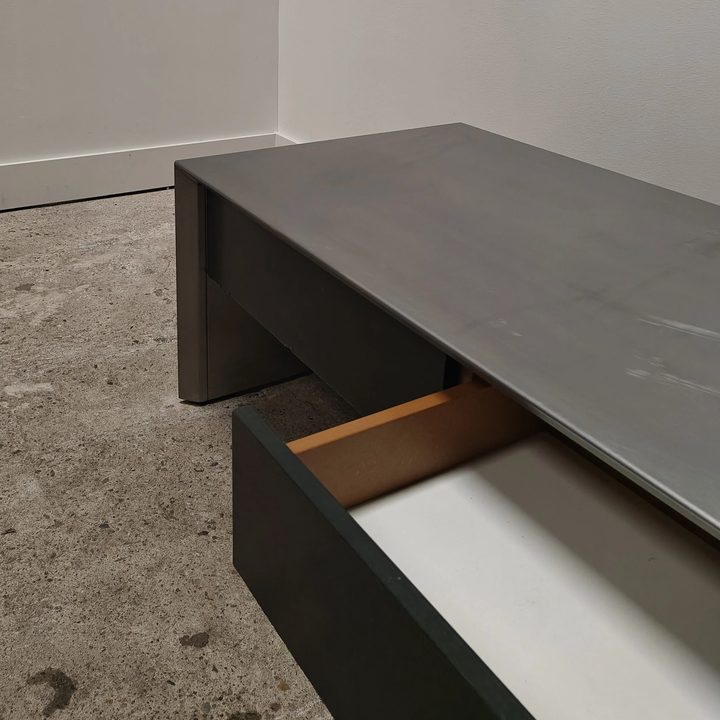1990s stainless steel design console with black drawers 4.jpg