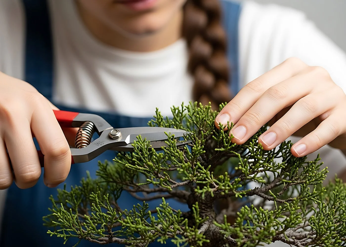 A person pruning a small green bonsai tree with pruning shears.