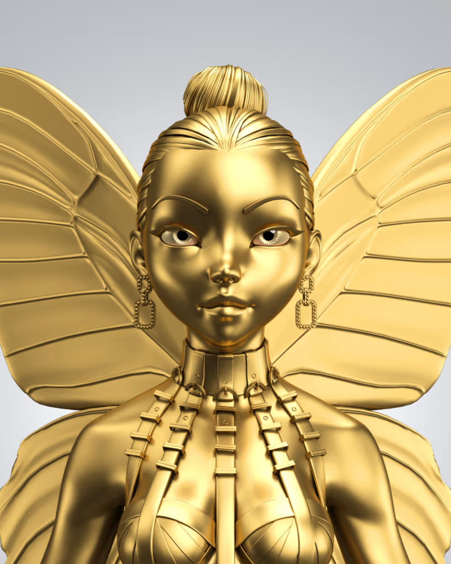 A digital artwork of a female figure with a gold metallic face and body, large butterfly wings, and wearing jewelry including earrings and a choker with straps.