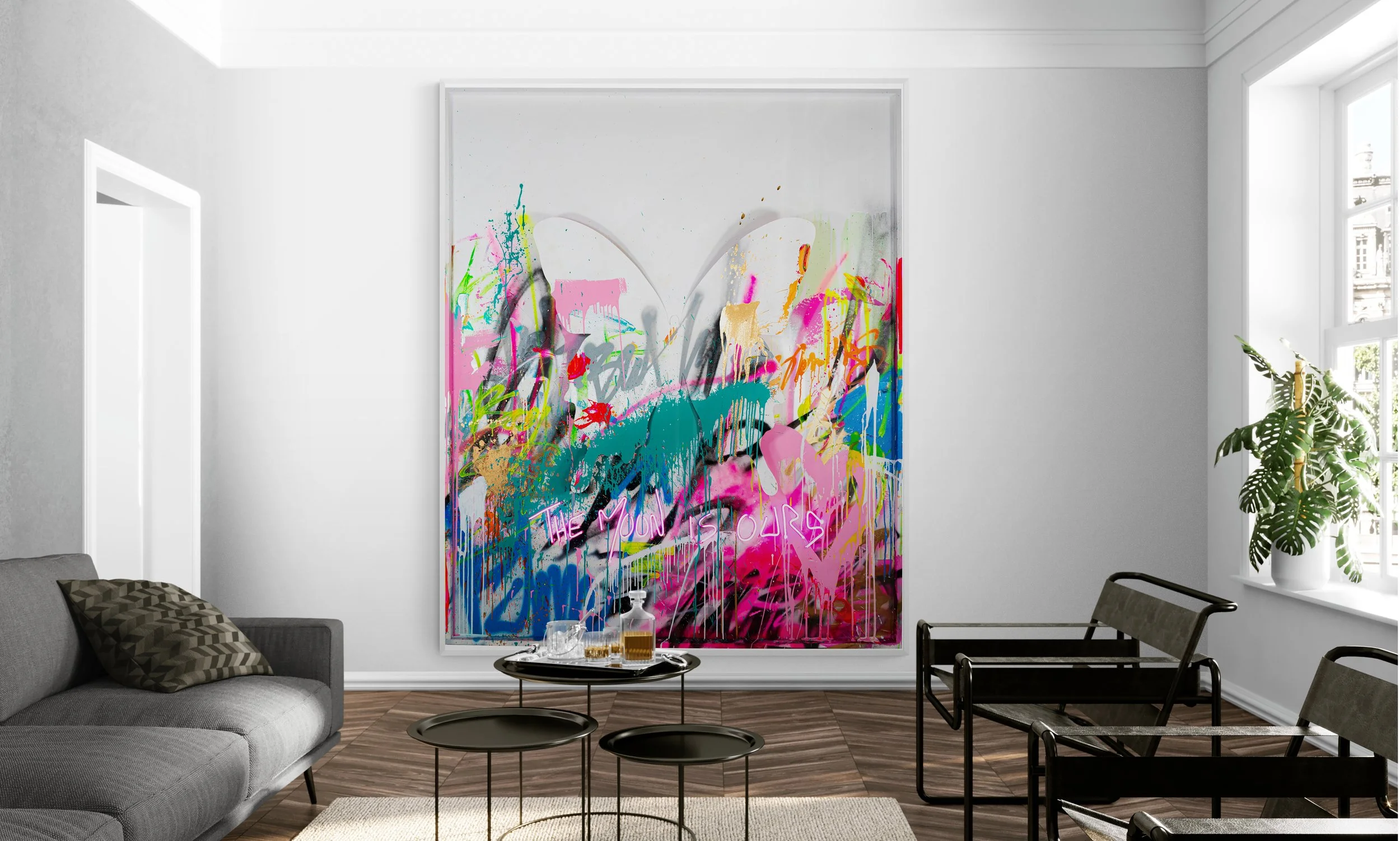 Staged interior featuring contemporary LED artwork by PunkMeTender