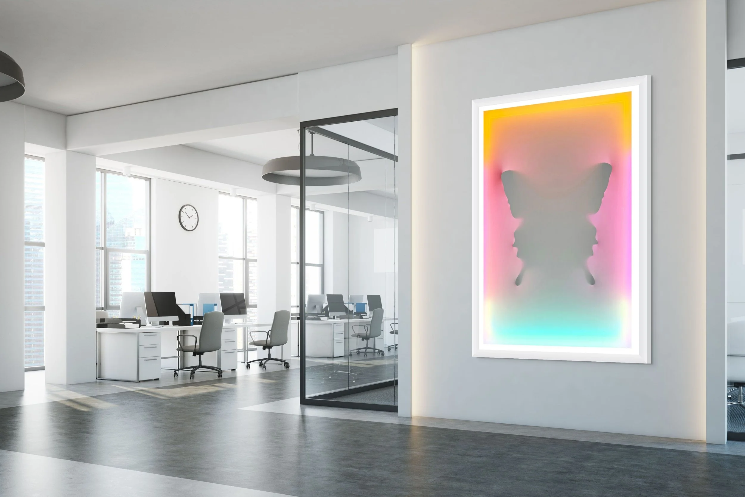 Modern office with white walls, large windows, desks, chairs, a clock, and colorful butterfly artwork on the wall, Punkmetender LED art