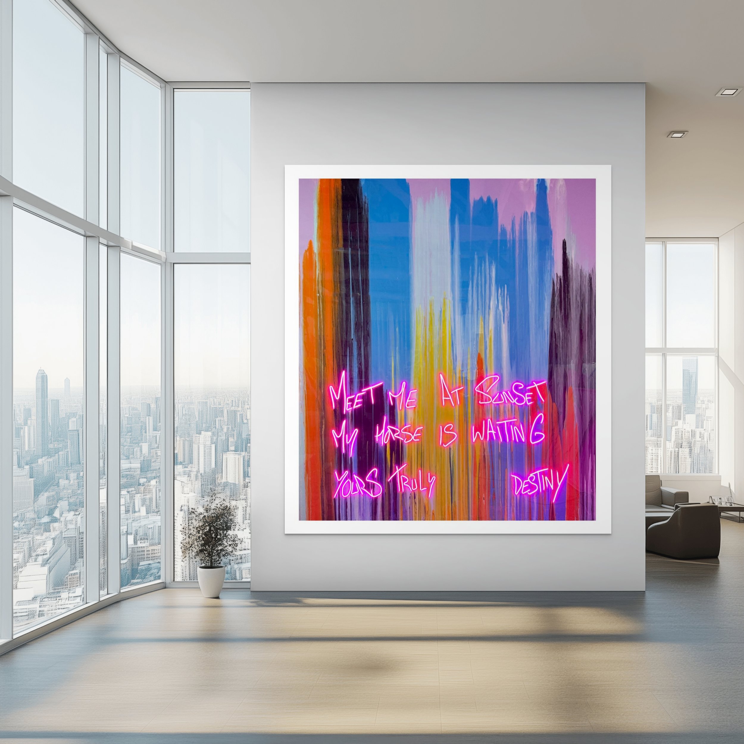 Staged interior featuring contemporary LED artwork by PunkMeTender