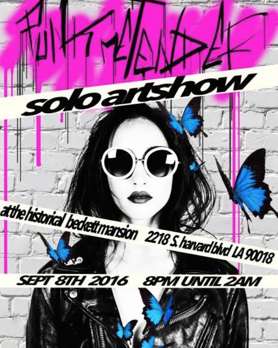Black and white poster featuring a woman wearing round sunglasses, with blue butterflies on her hair and jacket. Pink and black graffiti text at the top, event details in black text on white strips, including date, time, location, and duration, against a brick wall background.
