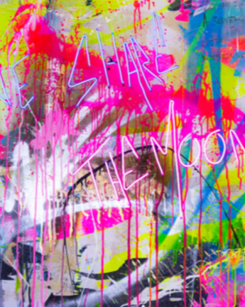 Colorful abstract graffiti with the words 'SHARE THE LOVE' written in bright pink neon-style letters.