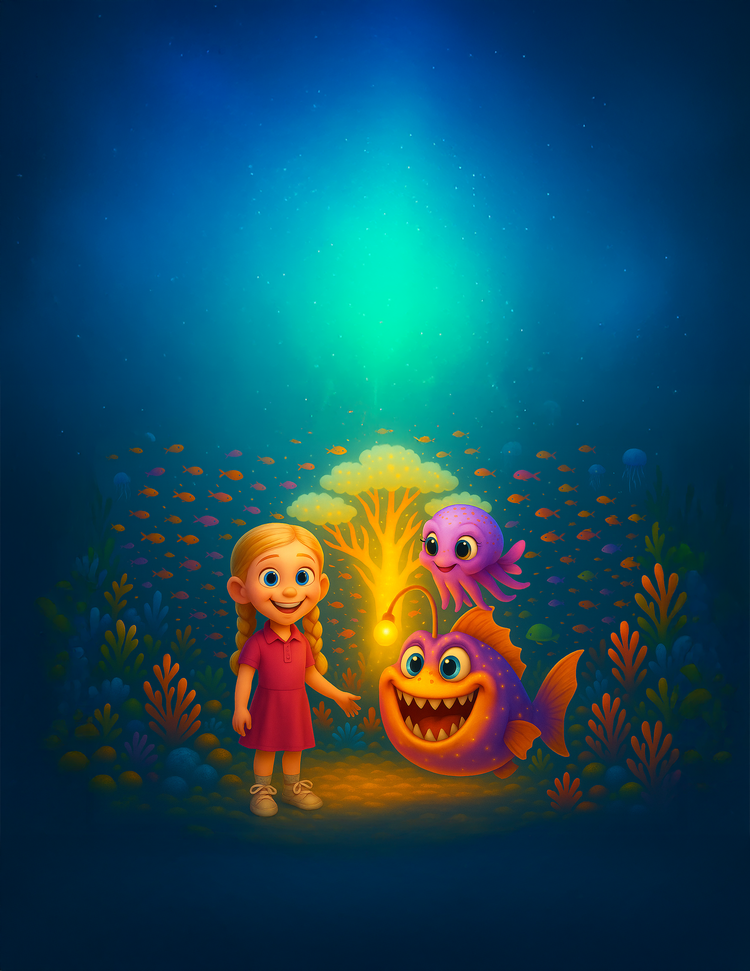 Animated girl with braided hair smiling and looking at friendly glowing fish in an underwater scene with coral and a luminous coral tree.