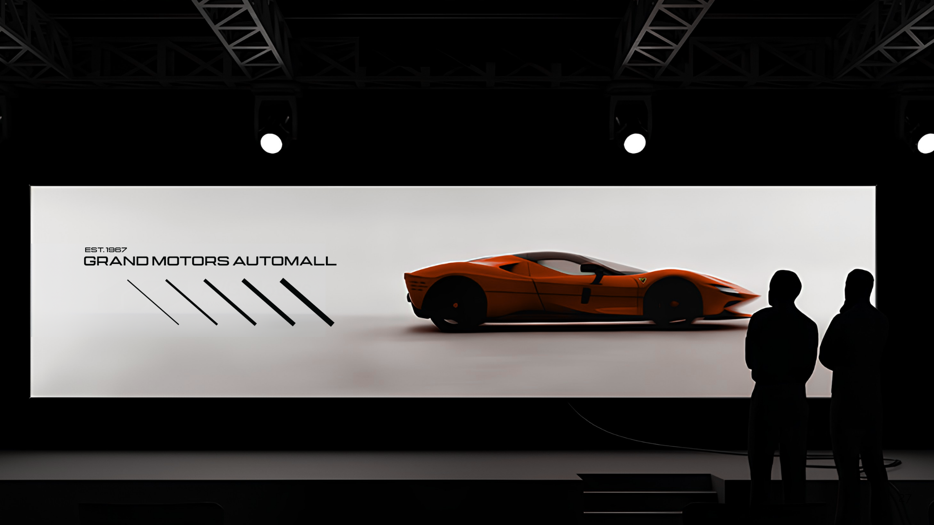 A photograph of an orange sports car on display at a car show, with two silhouette people observing it. The background features a white panel with the text 'EST. 1967 GRAND MOTORS AUTOMALL' and black diagonal lines.