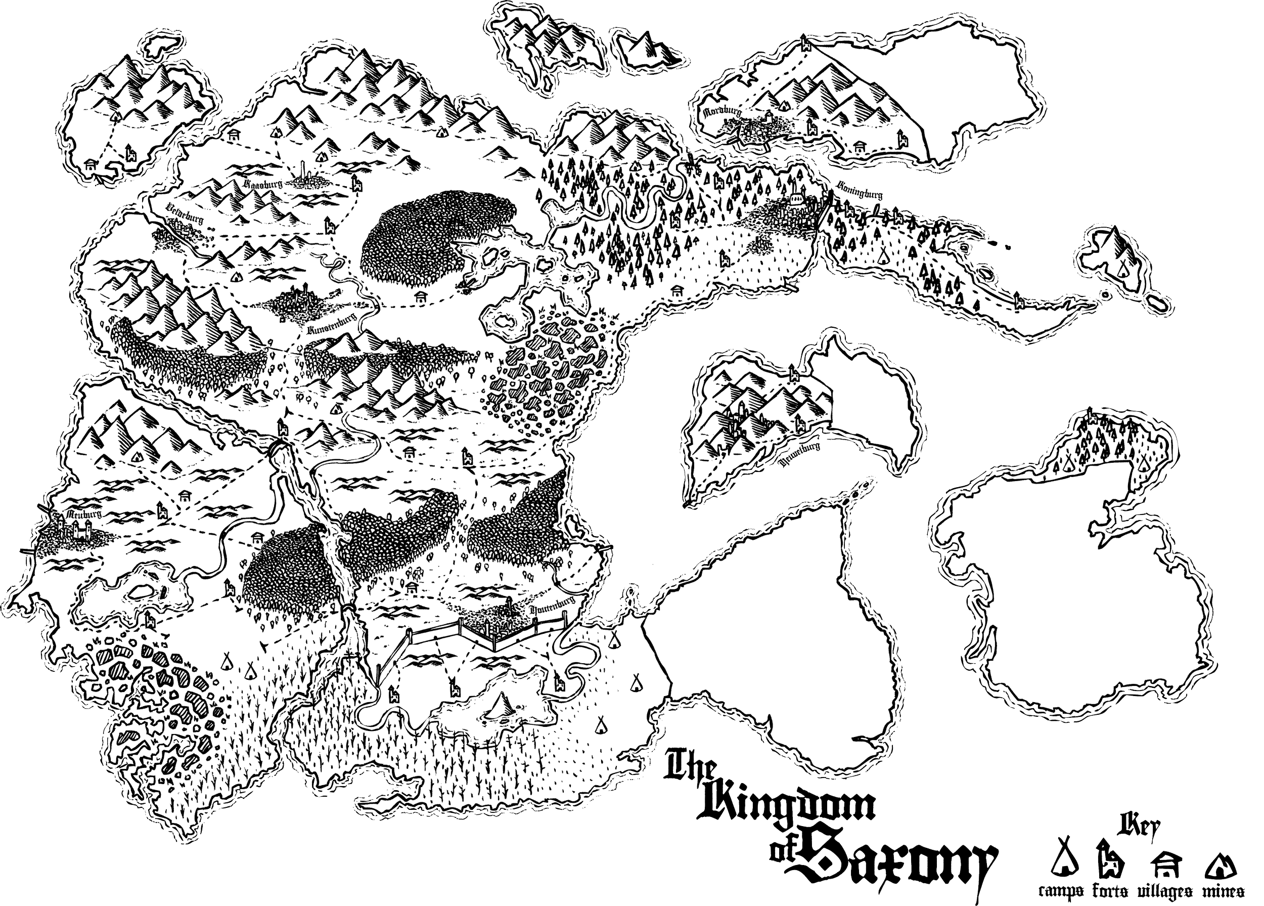 A black and white illustrated fantasy map of the fictional land called the Kingdom of Saxony.