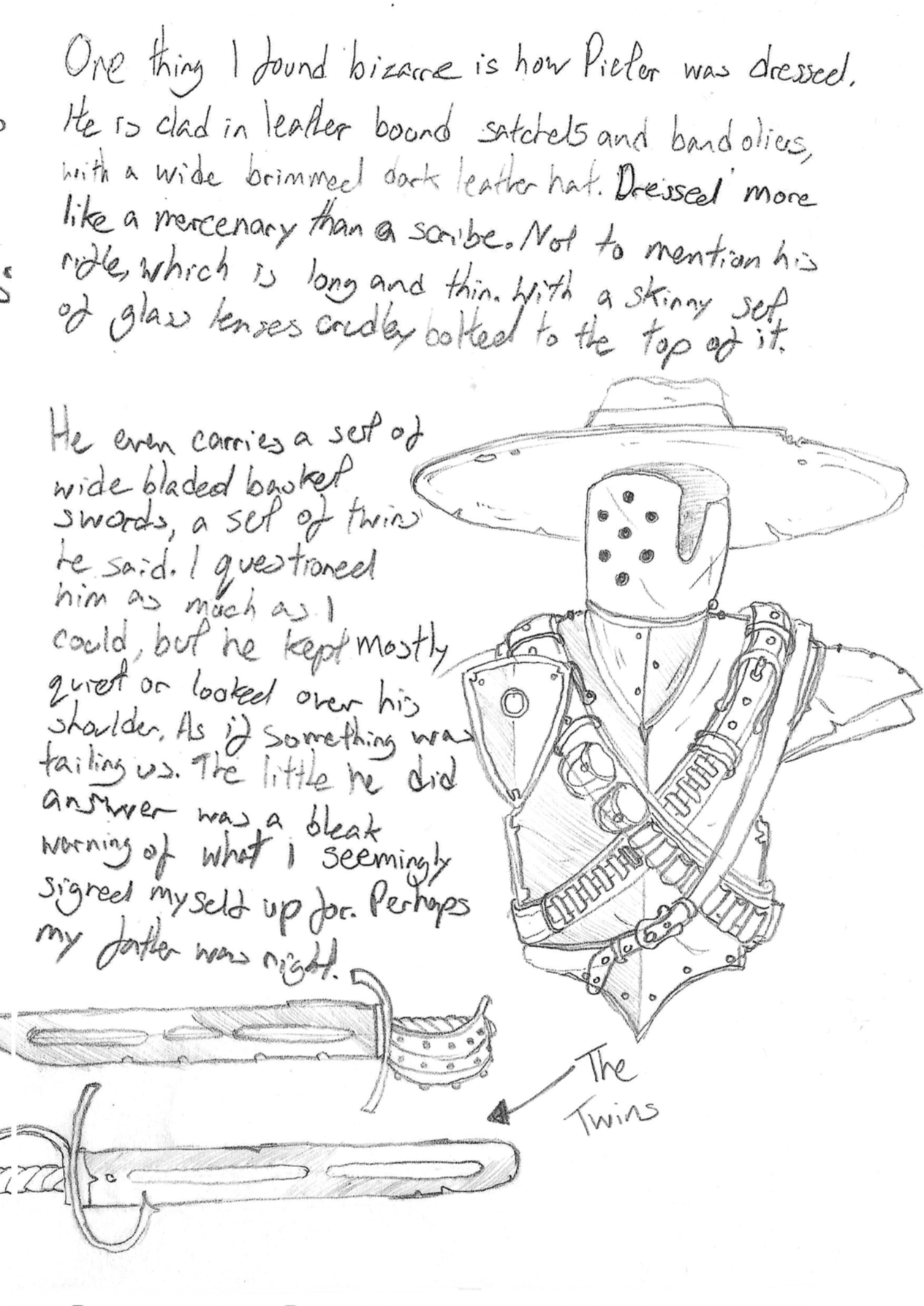 Handwritten note with a sketch of a figure wearing a large wide-brimmed hat, a mask with holes, and armor with electronic devices. The note discusses a character named Pierre dressed in leather, with a description of his attire and a set of wide-bladed swords, and mentions his stoic demeanor.