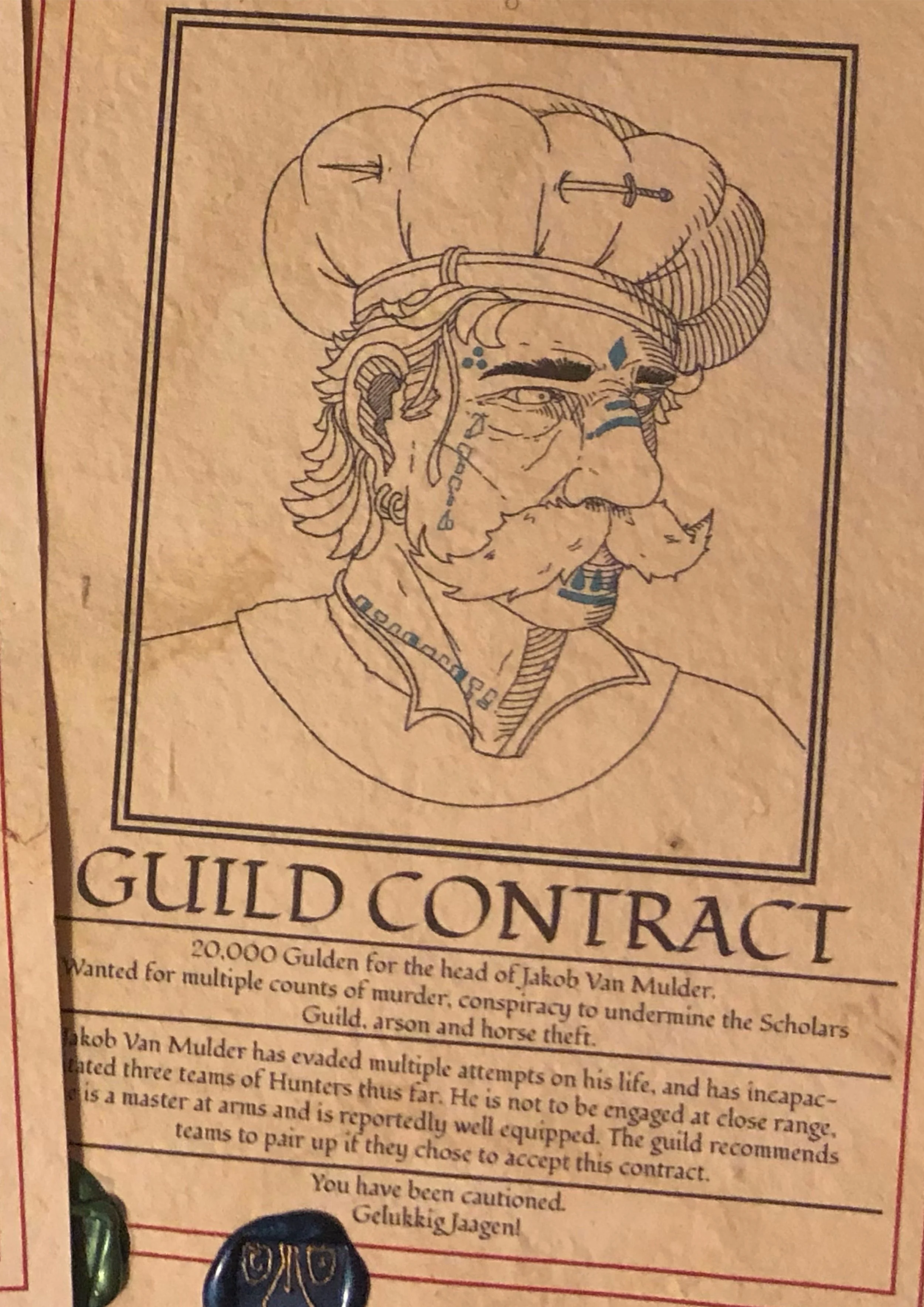 A detailed drawing of an older man with long hair and a beard, wearing a hat adorned with a sword, with blue markings on his face, and wearing a collar with ornamental stitching. The drawing is on a parchment-like paper that appears to be part of a game or contract called 'Guild Contract,' involving a reward of 20,000 gold pieces for the head of Jakob Van Mulder.