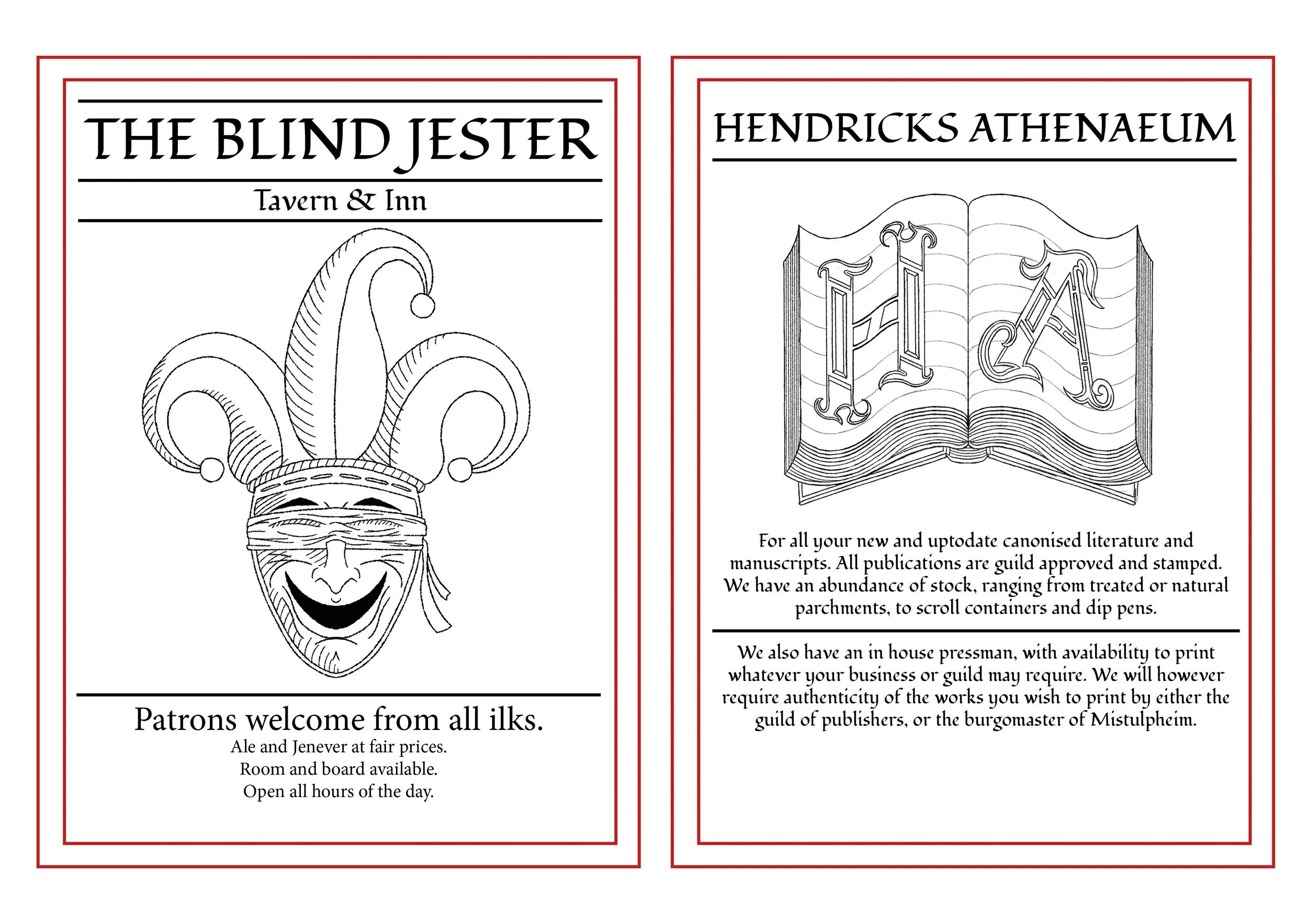 Advertisement for The Blind Jester Tavern & Inn featuring a jester mask logo, with additional text and decorative borders.
