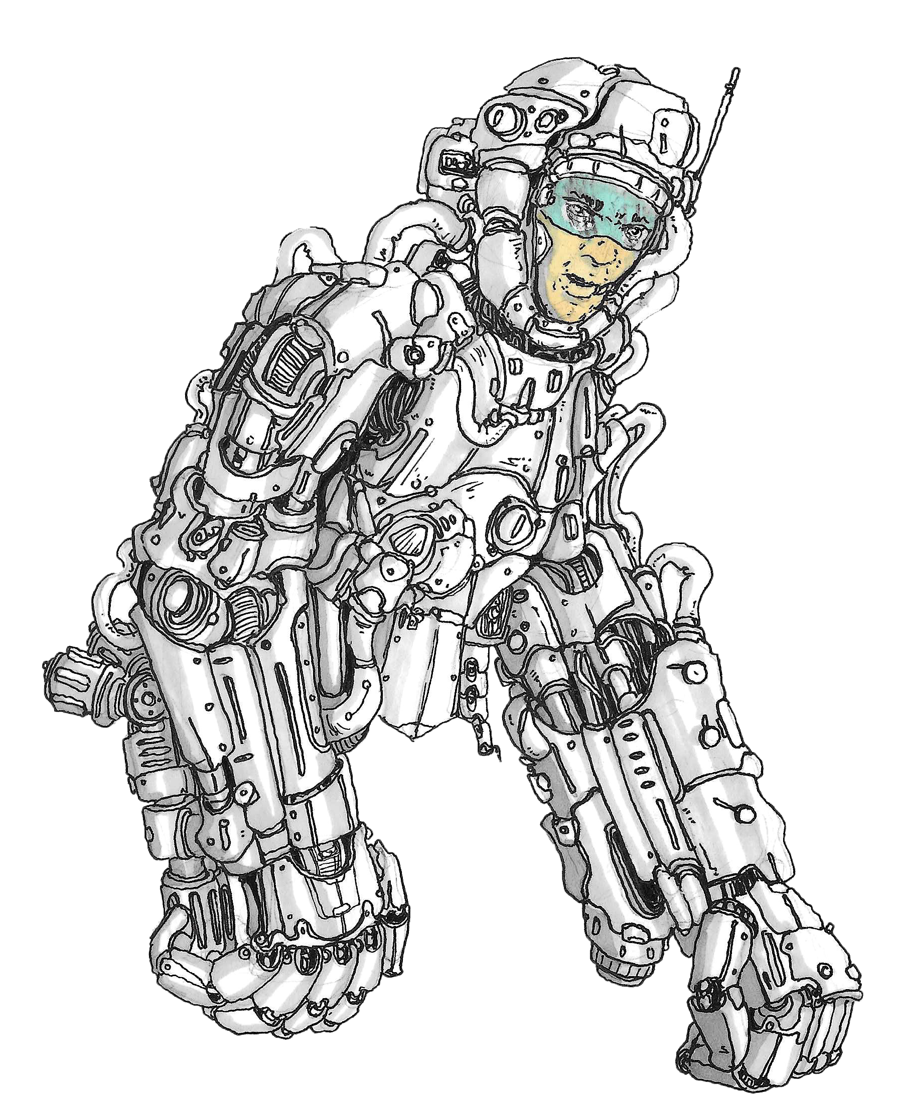 Illustration of a person wearing a detailed astronaut suit with a helmet and gloves, crouching in space.