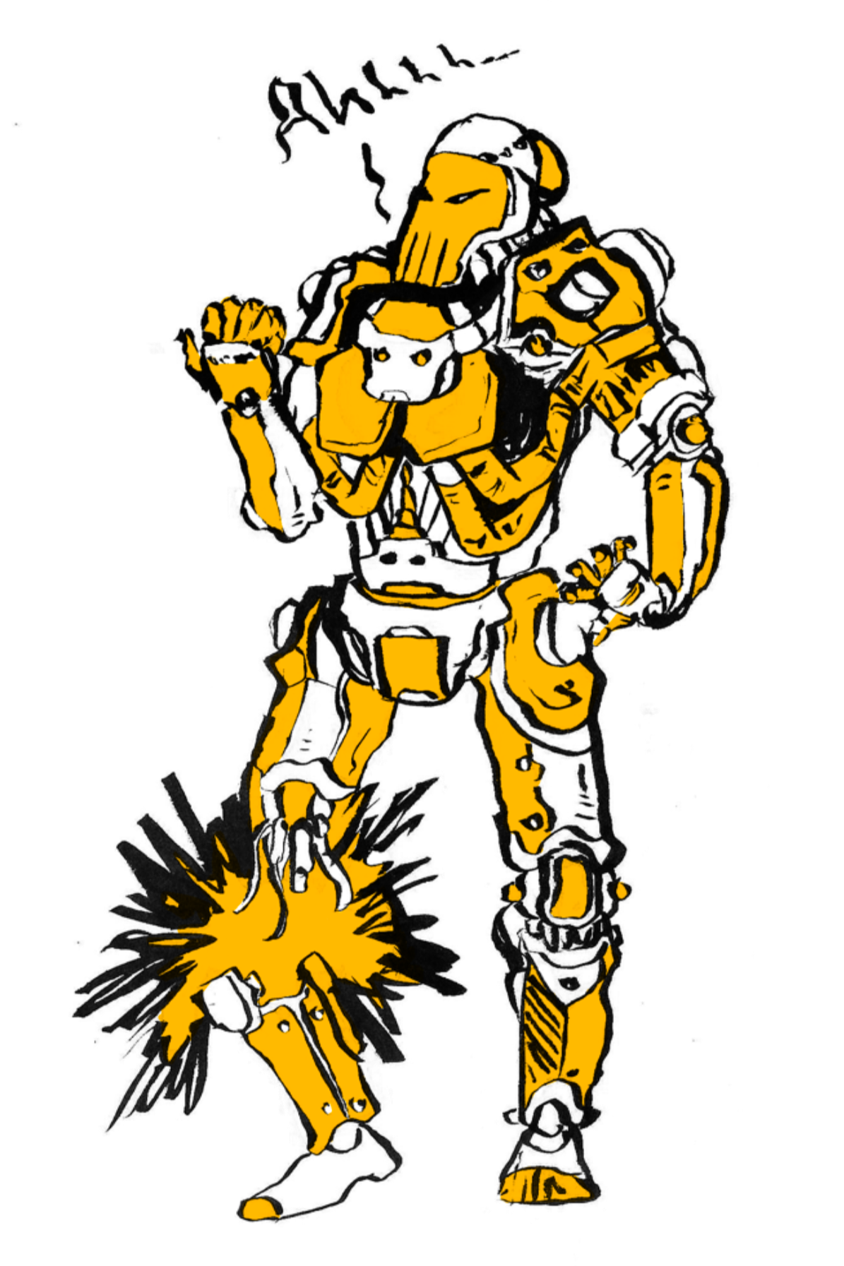 A stylized cartoon robot with armor and a helmet, holding a lit explosive device in one hand. The robot is yellow and white with black outlines, and a speech bubble above it says 'Achtung.'