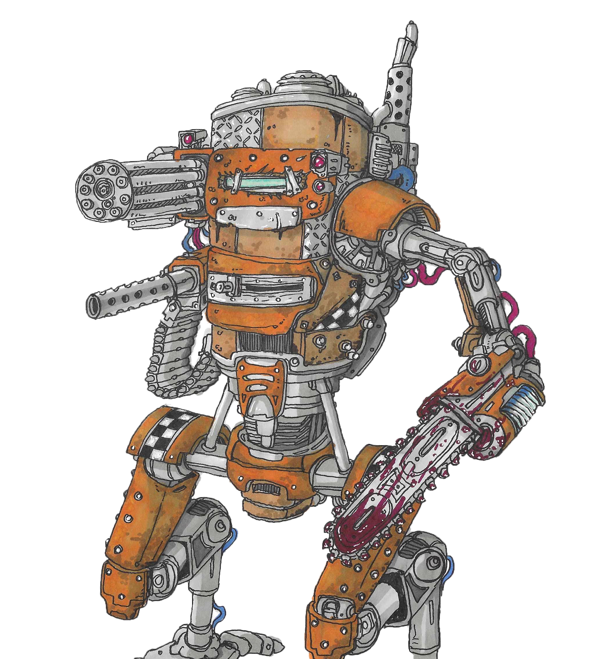 A detailed illustration of a robot with a humanoid torso, metallic and rust-colored parts, and mechanical limbs. It is holding a chainsaw in its right hand, with complex machinery and wiring visible.