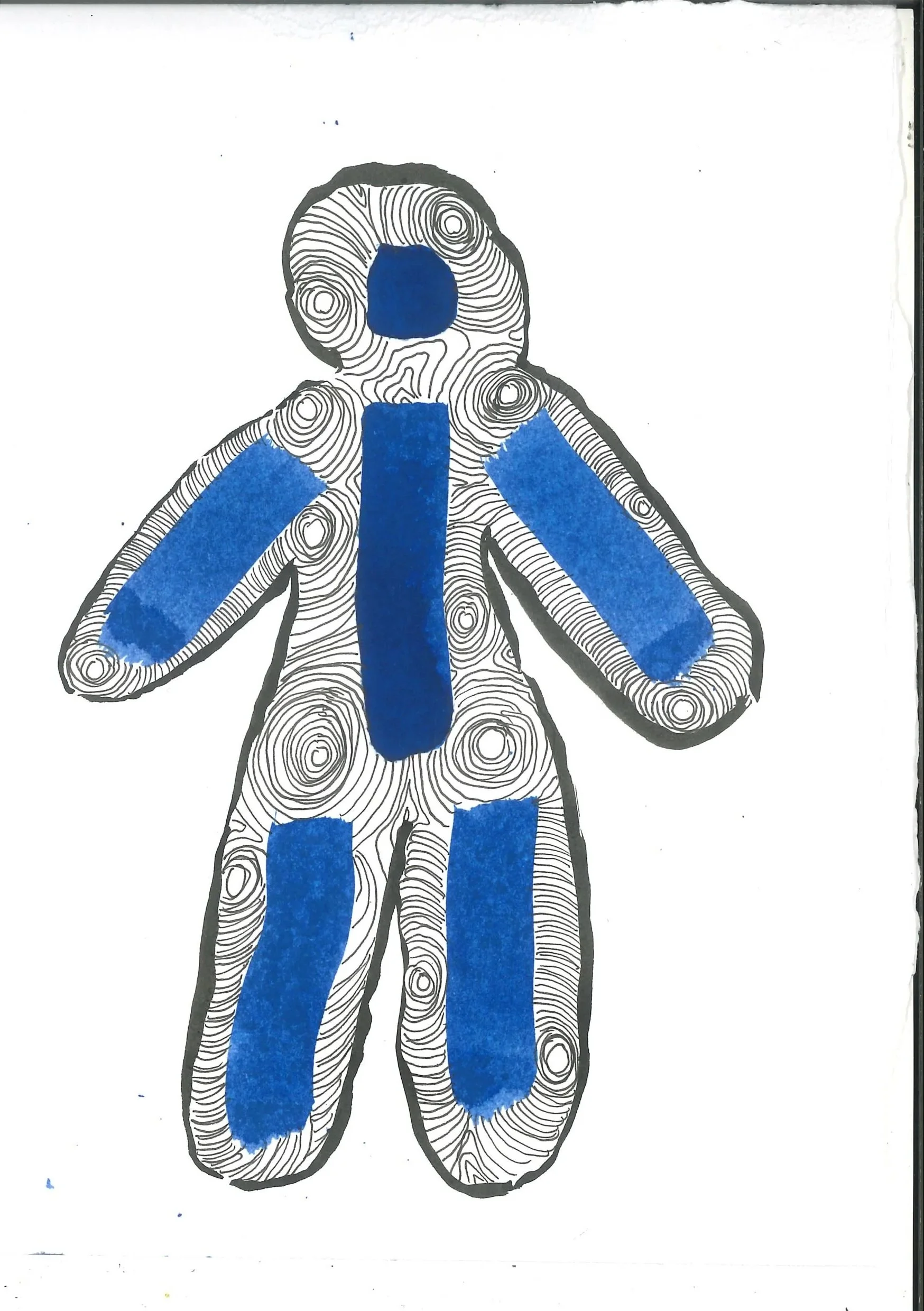 A drawing of a person with a pattern of concentric circles outlining their body. Parts of the person's body are filled in with solid blue color, including the face, chest, parts of the arms, and legs.