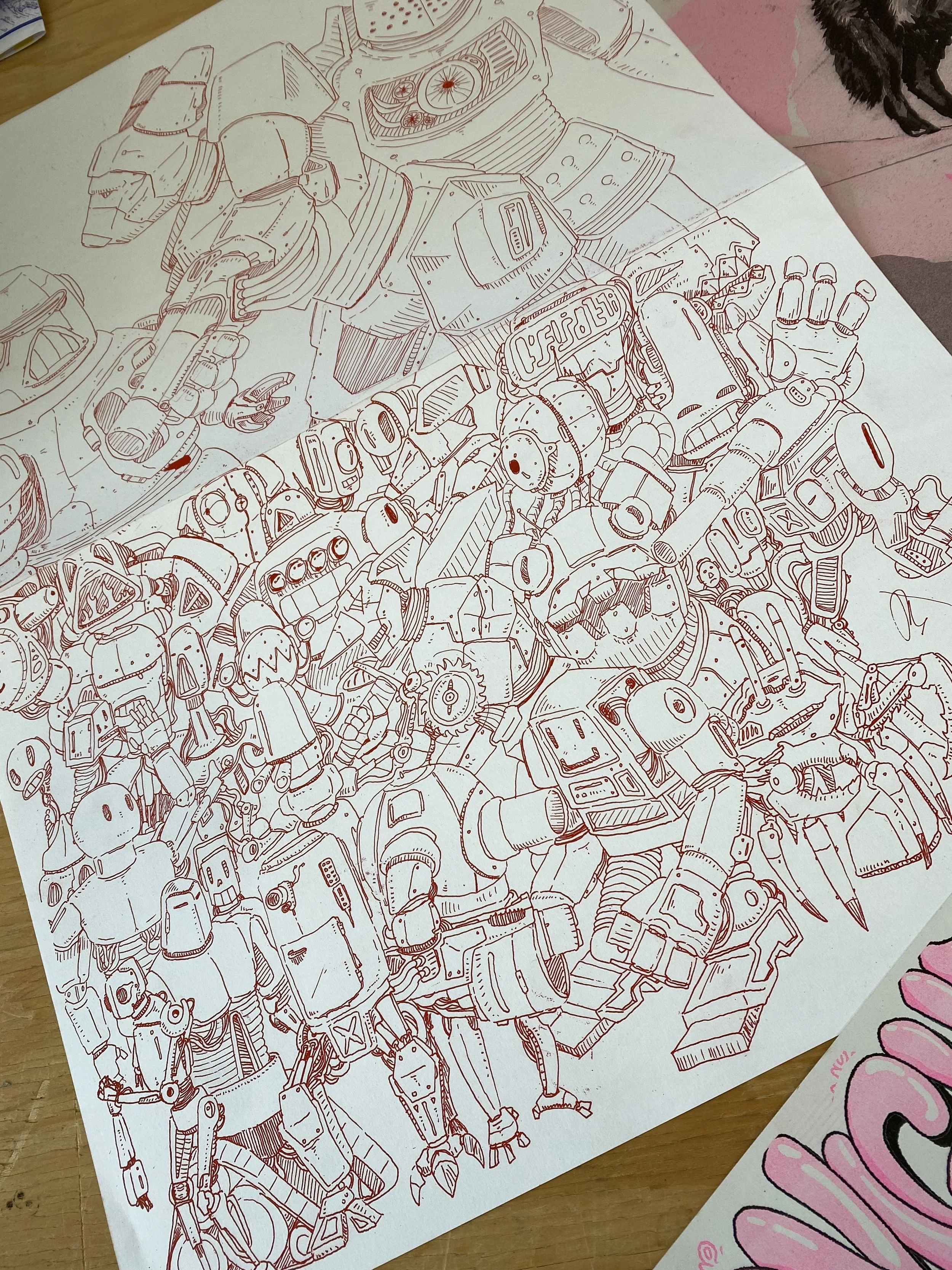 An intricate line drawing of a robot featuring mechanical parts, arms, and legs, rendered in fine detail on a piece of white paper.