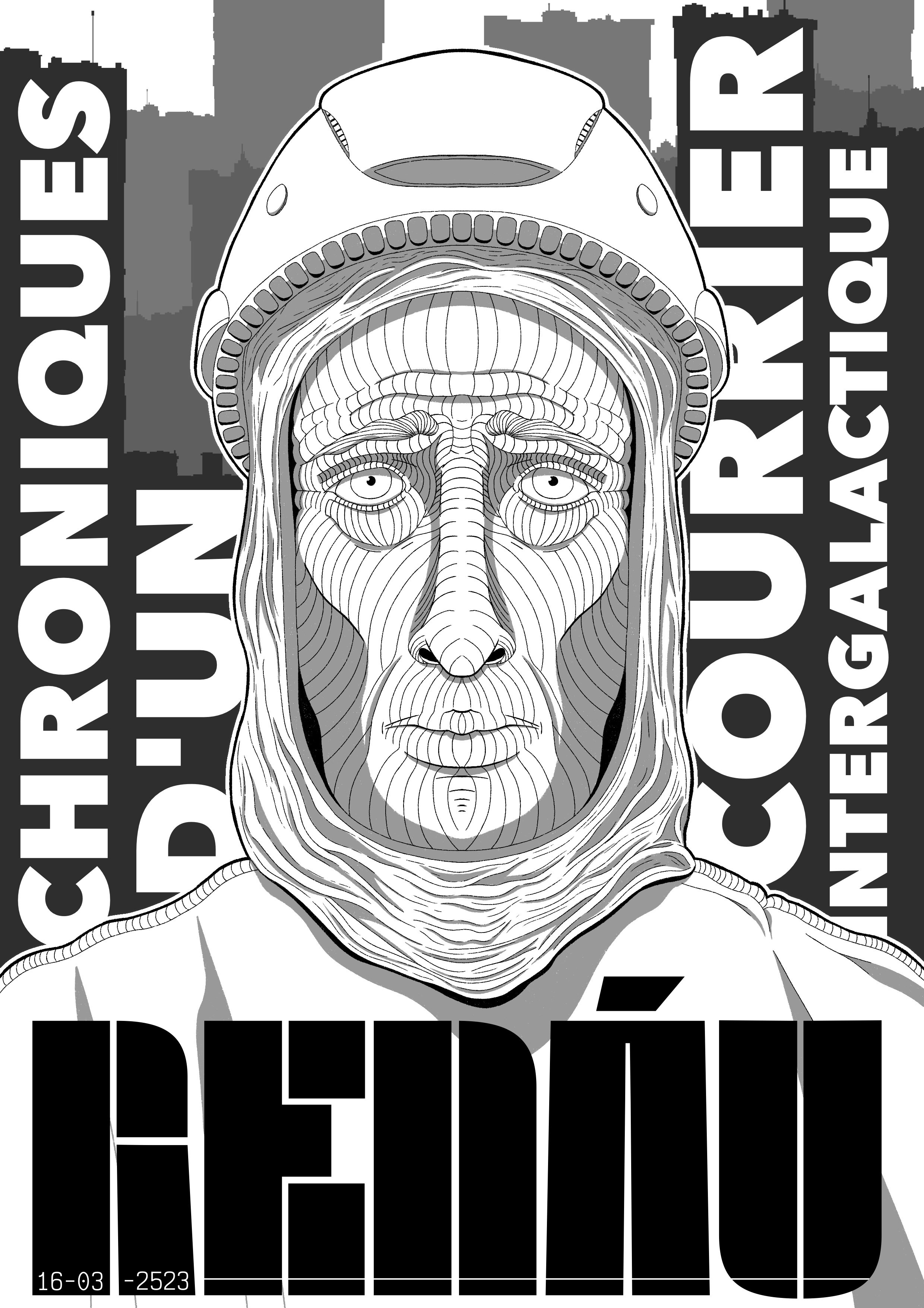 Black and white stylized portrait of a person wearing a helmet, with a city skyline in the background and bold text on the sides and bottom of the image.