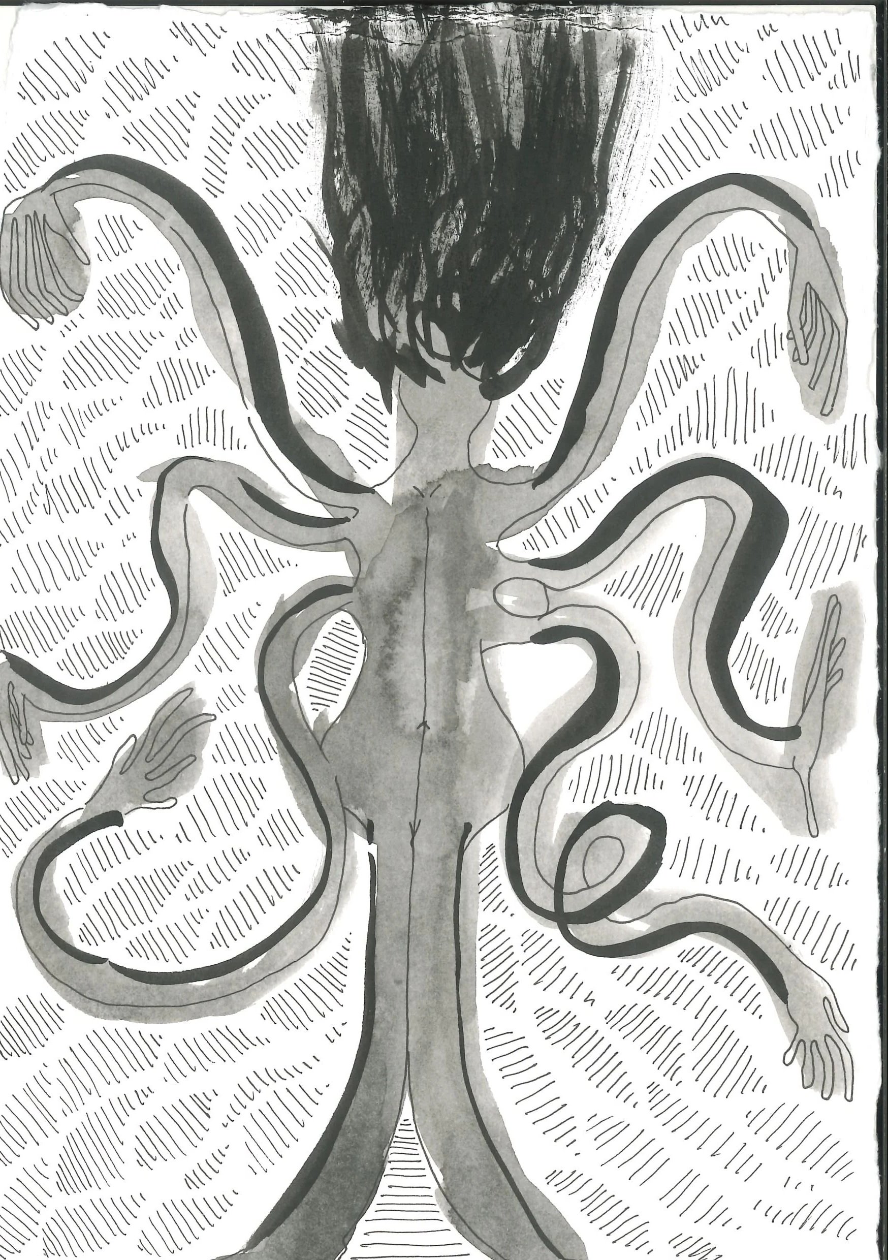 A black and white ink drawing of a person with curly hair, shown from behind, with arms raised and bent at the elbows. The background contains diagonal lines and abstract shapes, with the focus on the person's back and arms.