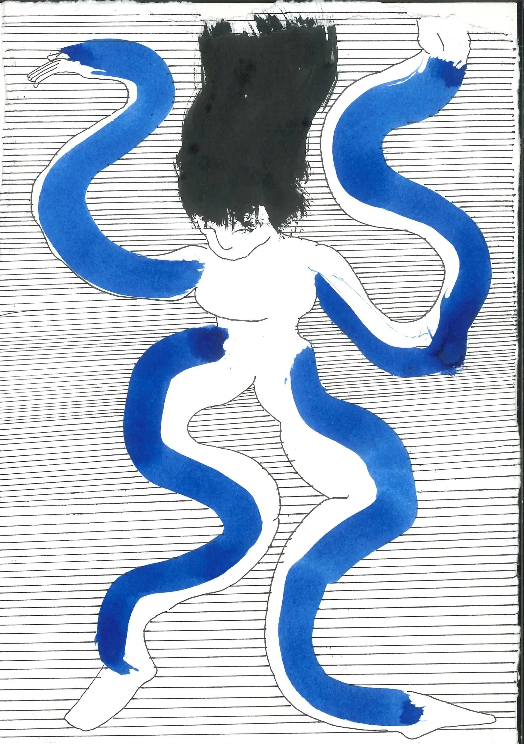 Stylized illustration of a person with short black hair, holding arms outstretched, surrounded by four large blue snakes against a background of horizontal lines.