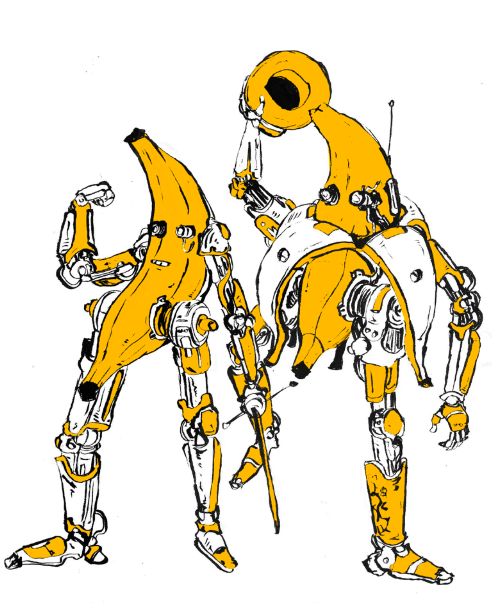Sketch of a bipedal, humanoid robot in yellow and black armor, with multiple joints, exposed mechanical parts, and a visor-like faceplate, standing on two legs.