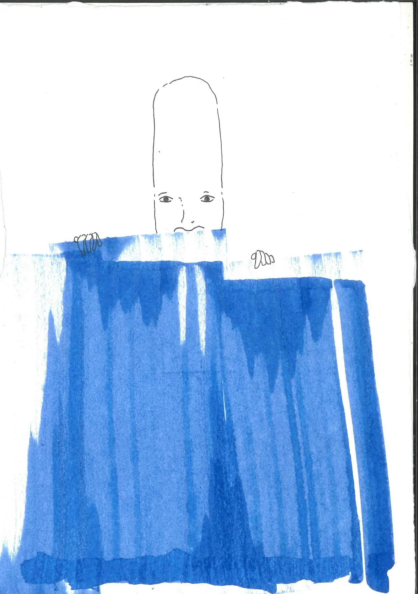 A simple line drawing of a person with long hair peeking over a blue surface, with both hands resting on the surface.