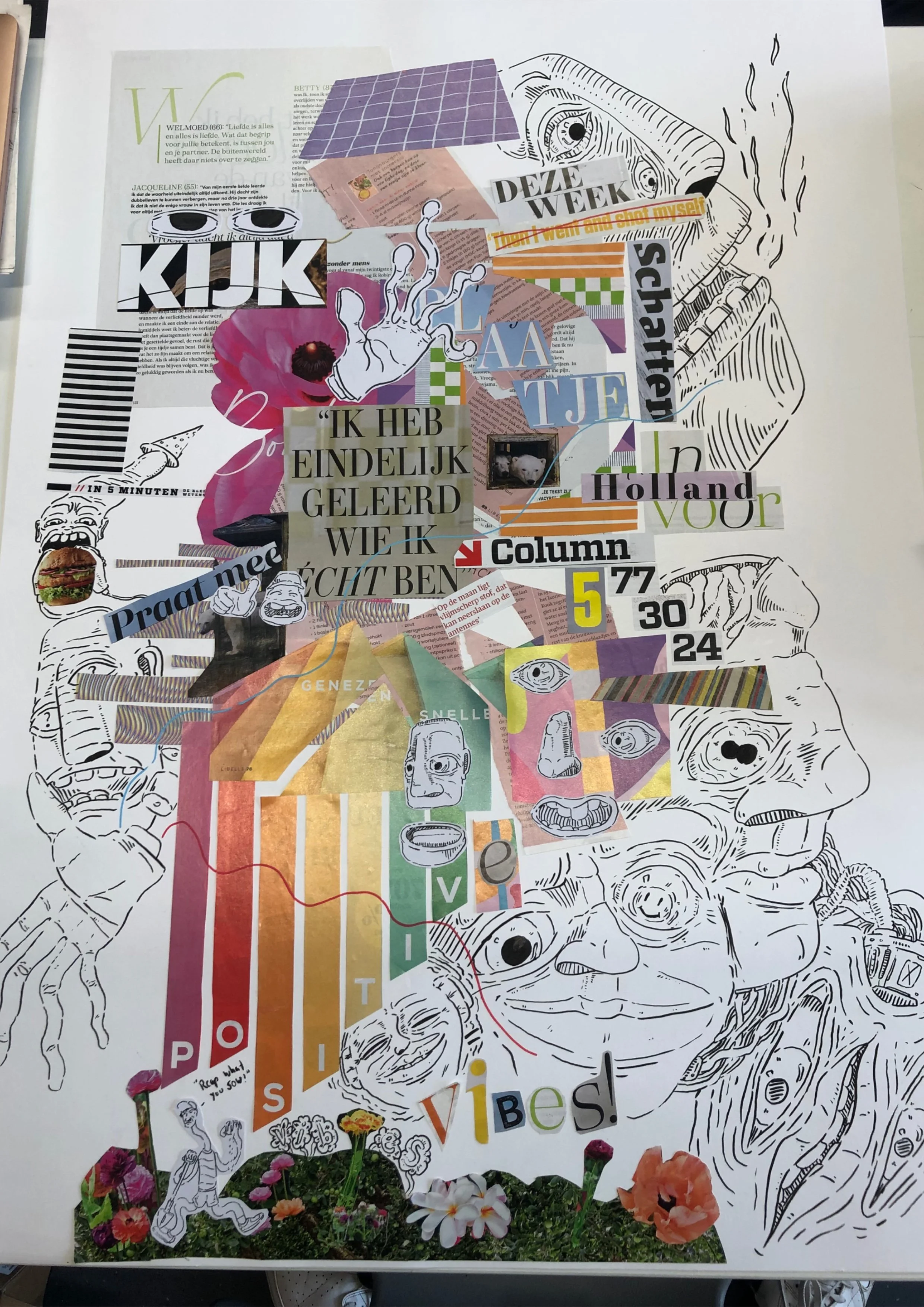 Collage featuring line art illustrations of faces, text, colorful cutouts, and a background of flowers and grass.