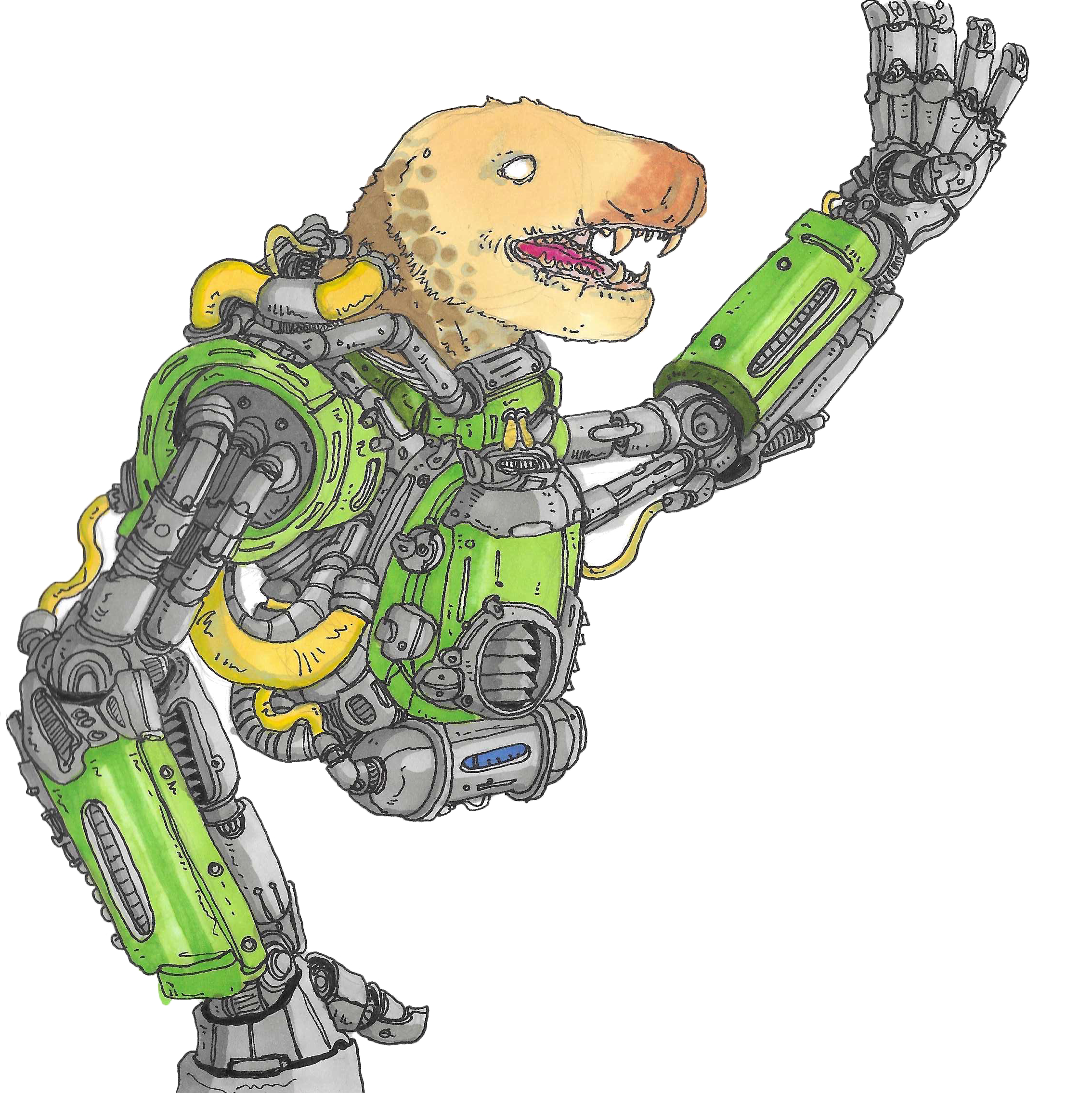 A drawing of a seal head attached to a robotic body with green and yellow mechanical parts.