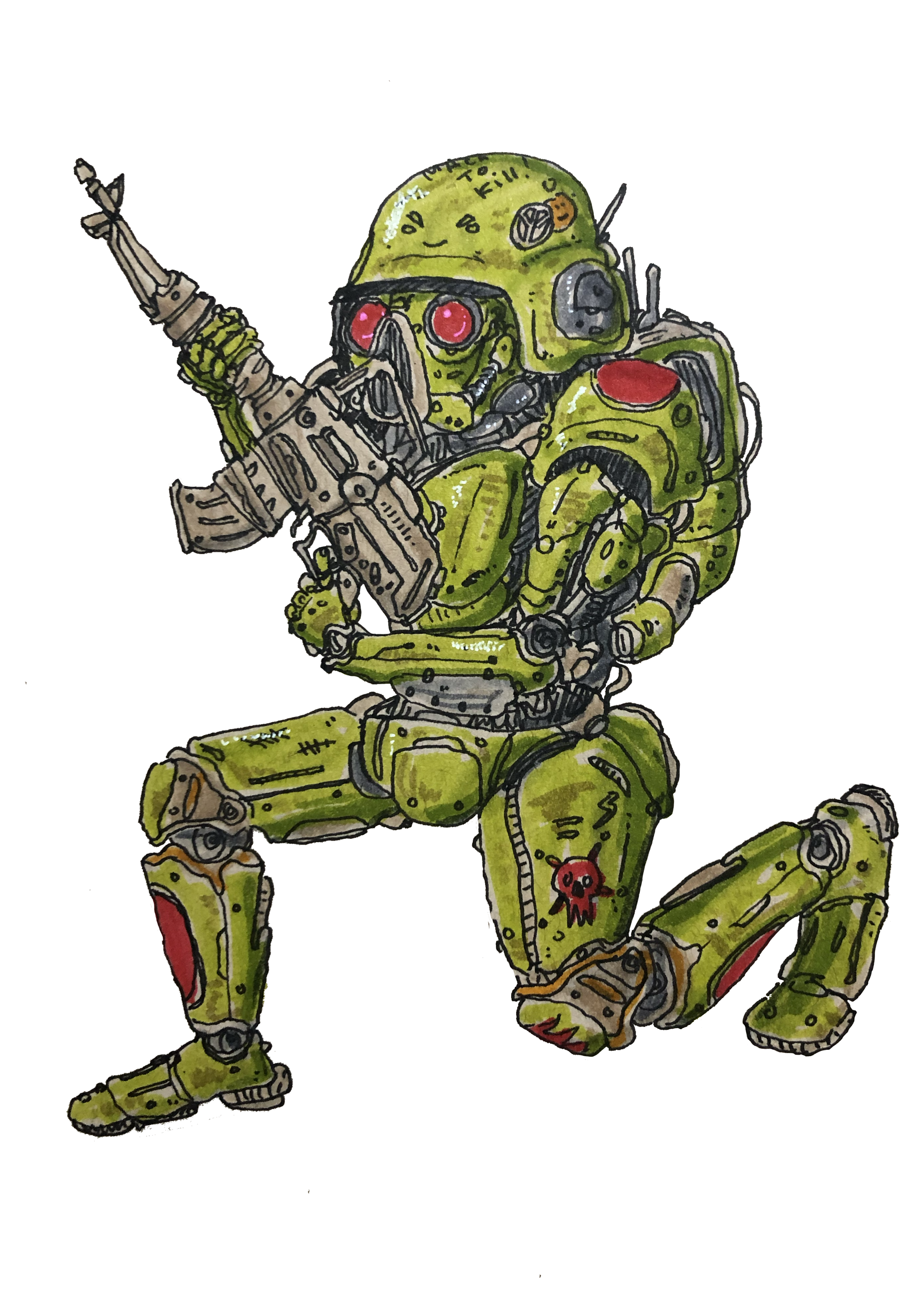 Colorful illustration of a futuristic soldier in green armor holding a large firearm, with red eyes and a helmet that has writing and drawings on it, including a skull and a cross. The soldier has a red skull sticker on its knee.