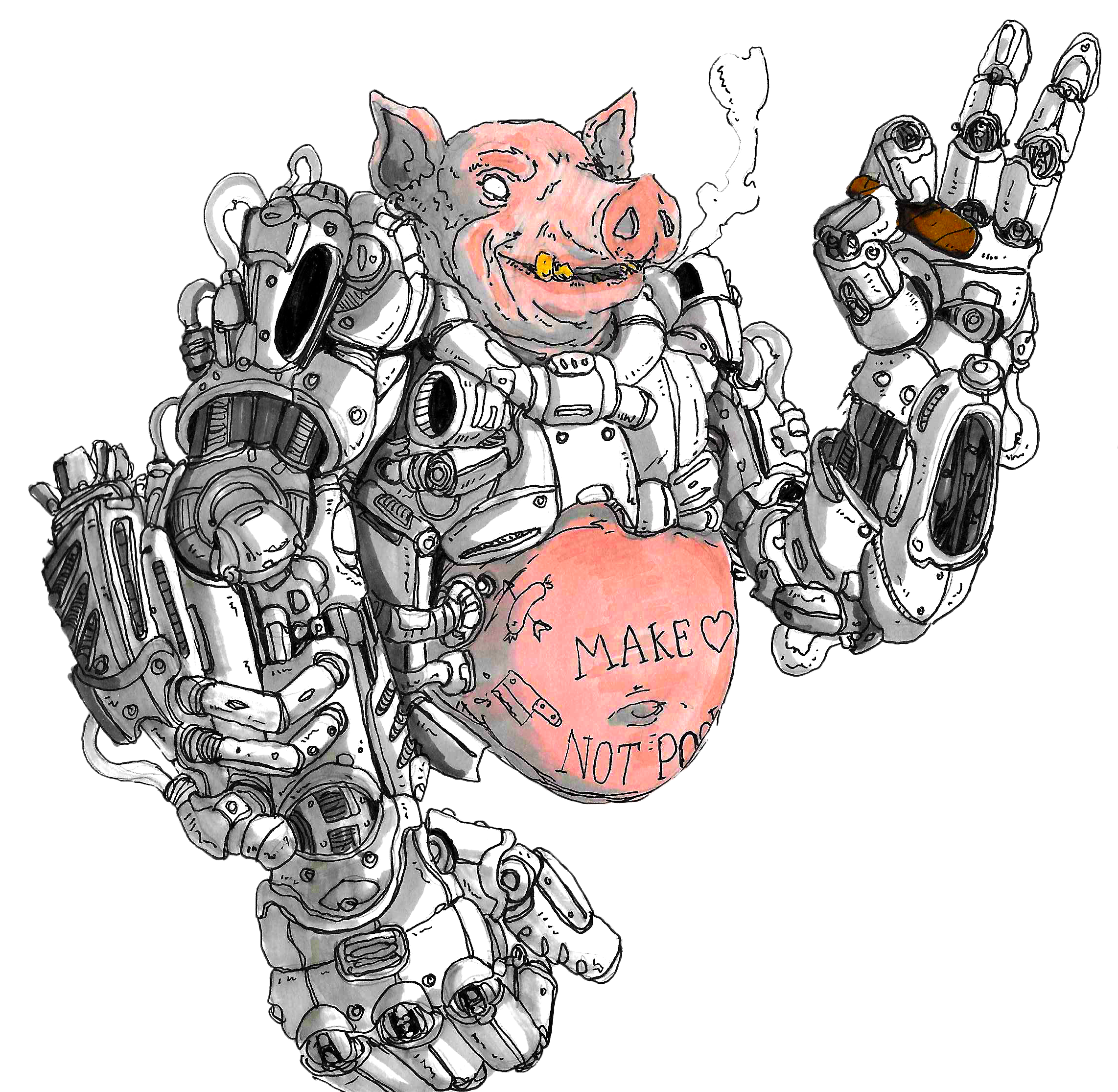 A cartoon illustration of a pig with mechanical robotic arms and legs, with tattoos that read 'Make love not pork.'