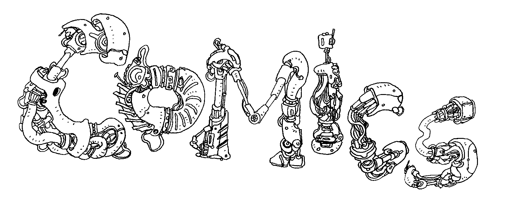 The word "COMICS" illustrated with a black background, with each letter made up of detailed, intricate lines resembling mechanical and robotic parts.