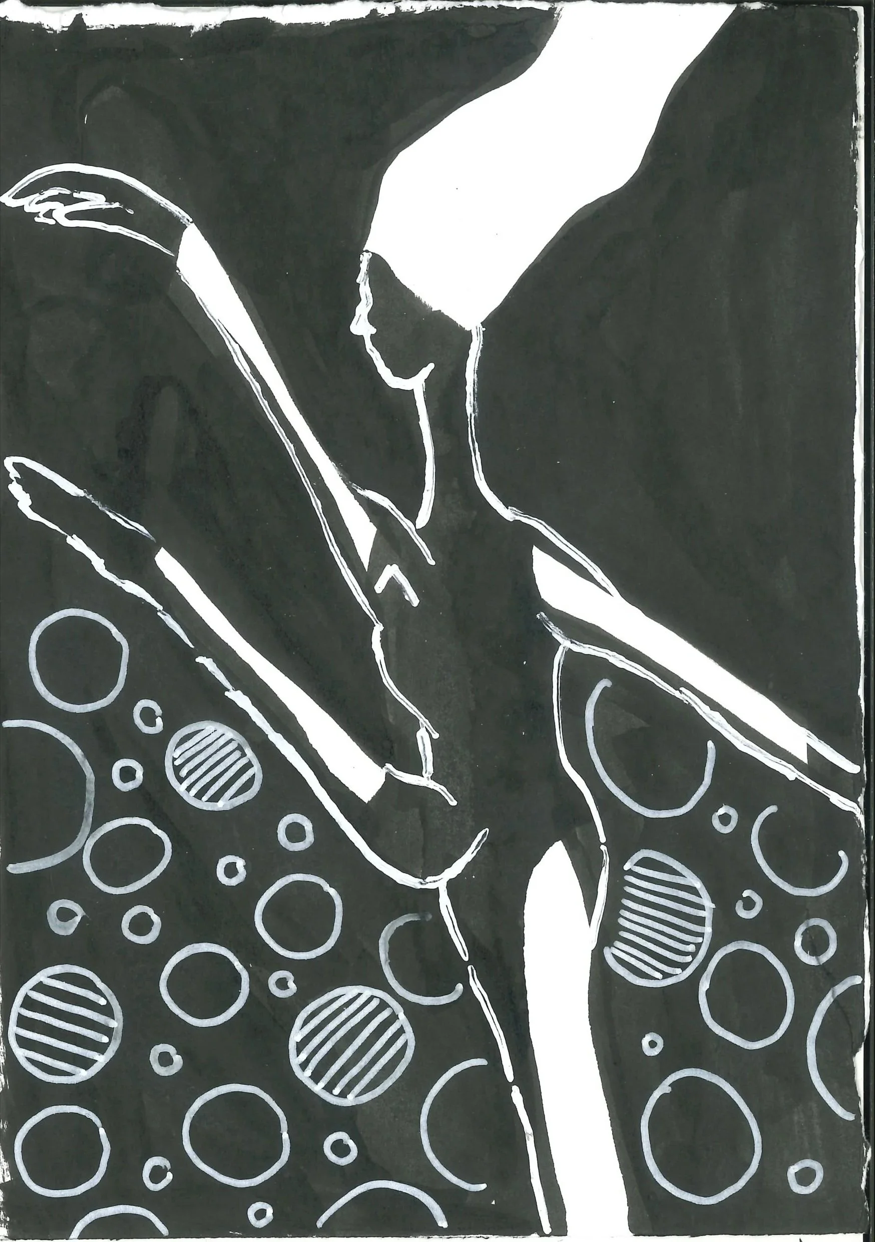 Line drawing of a person playing a guitar amidst circles and patterns on a black background.