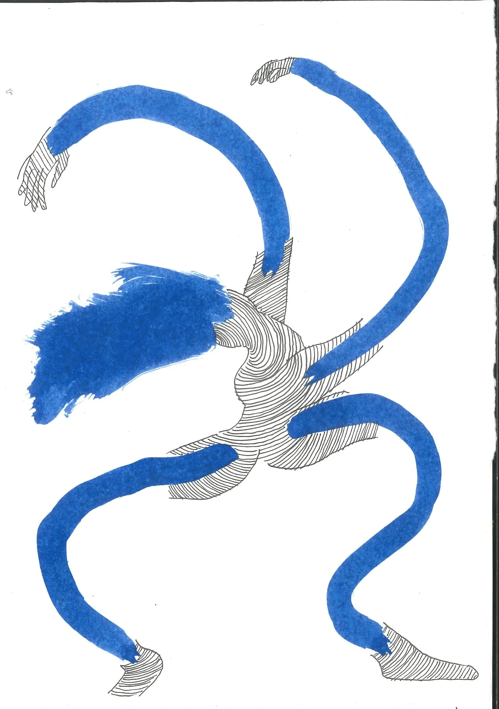 Abstract drawing featuring blue painted curved lines and black and white striped patterns.