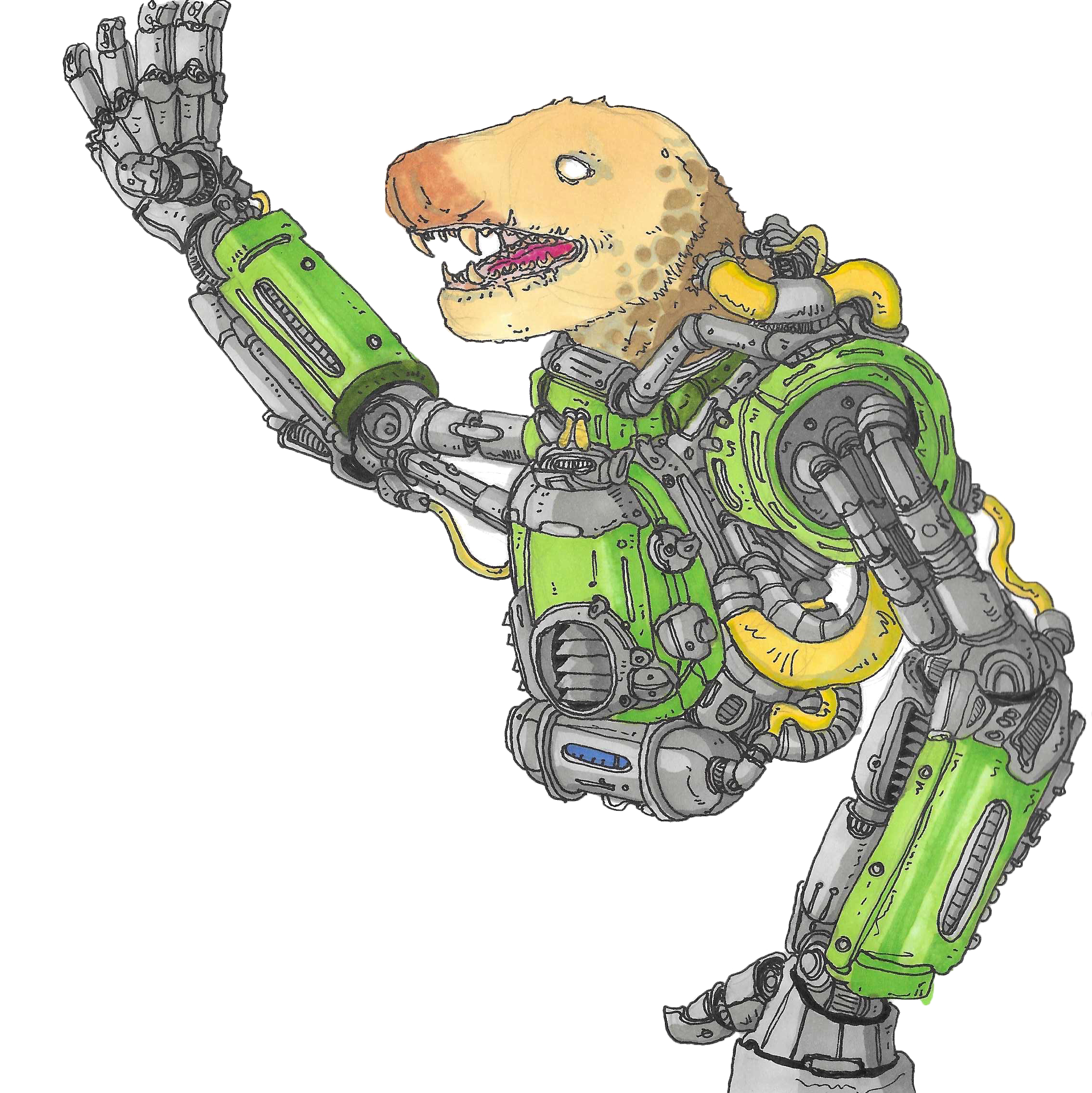 A watercolor-style illustration of a seal with a robotic body and robot arms, against a plain white background.