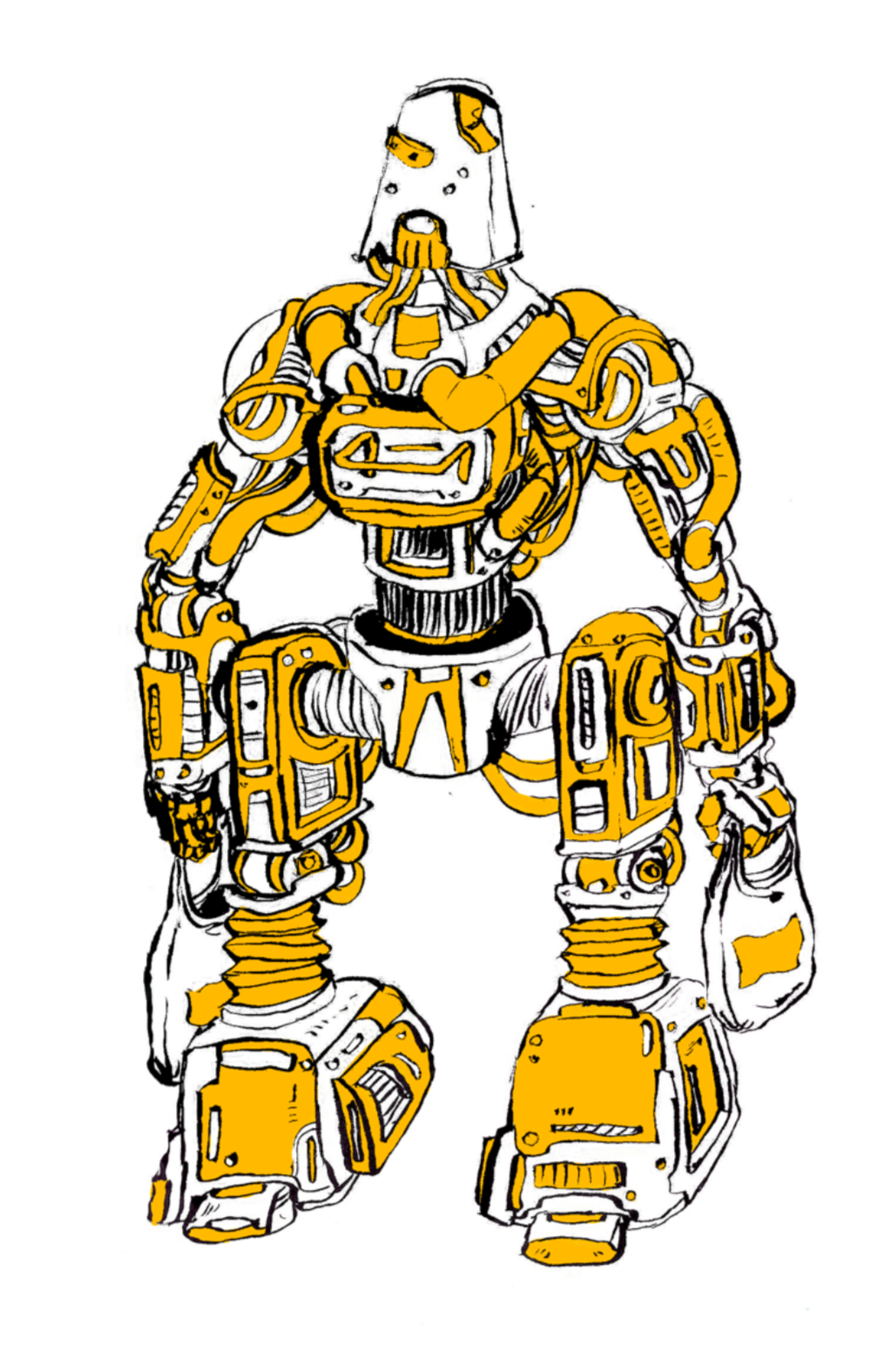 A drawing of a humanoid robot with a combination of white and yellow components, standing with arms crossed.