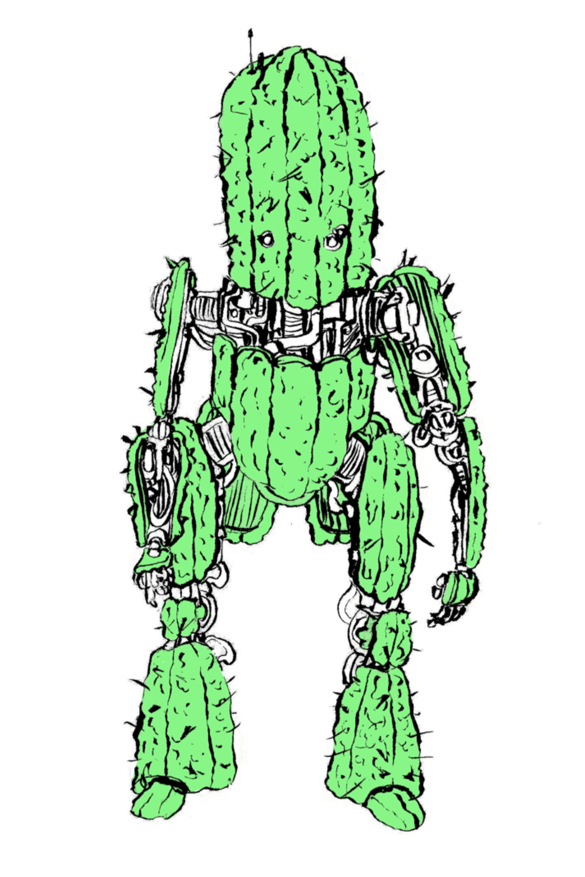 Illustration of a humanoid cactus robot with green cactus body and mechanical limbs.