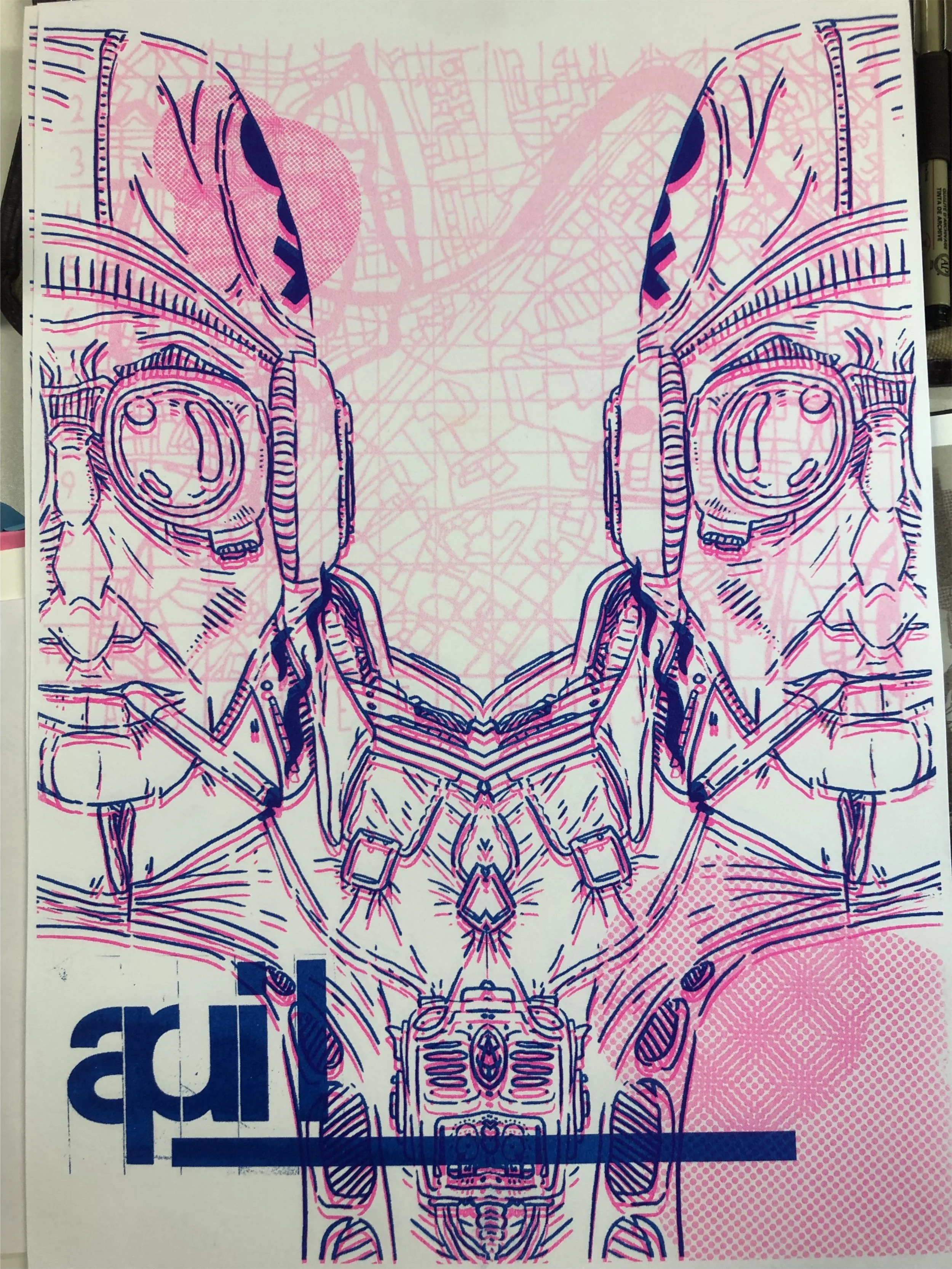 A stylized, mirrored illustration of a robot-like figure with helmet and armor, using pink and blue line art on a white background, with faint city map overlays.