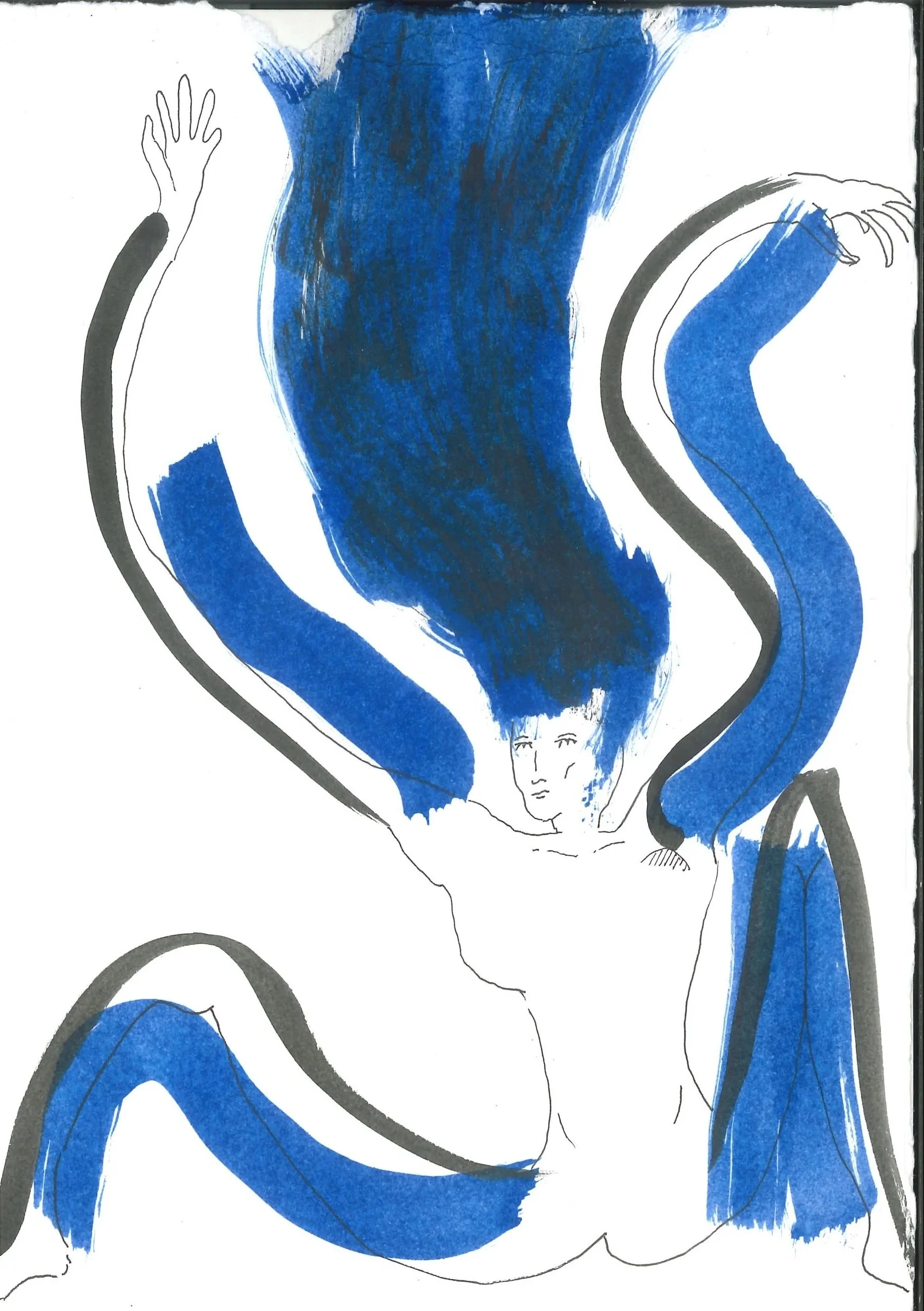 An abstract art piece with a female figure sketched in black lines, surrounded by large blue brush strokes and black outlines, creating a flowing, expressive composition.