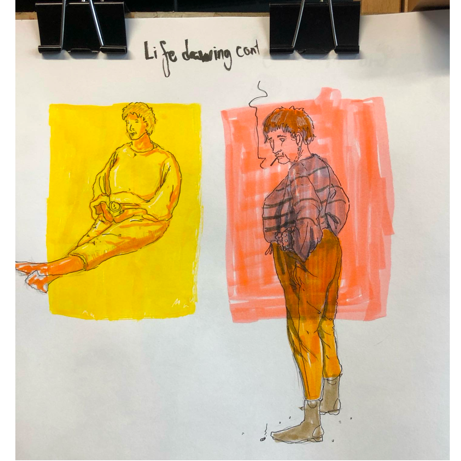 Hand-drawn illustration of two people. On the left, a person is sitting cross-legged on the ground, wearing a loose shirt and pants, with a sketchy yellow background. On the right, a standing person with short hair, wearing a striped shirt and pants, holding a cigarette, with a pink background. Both figures are sketched in a loose, artistic style.